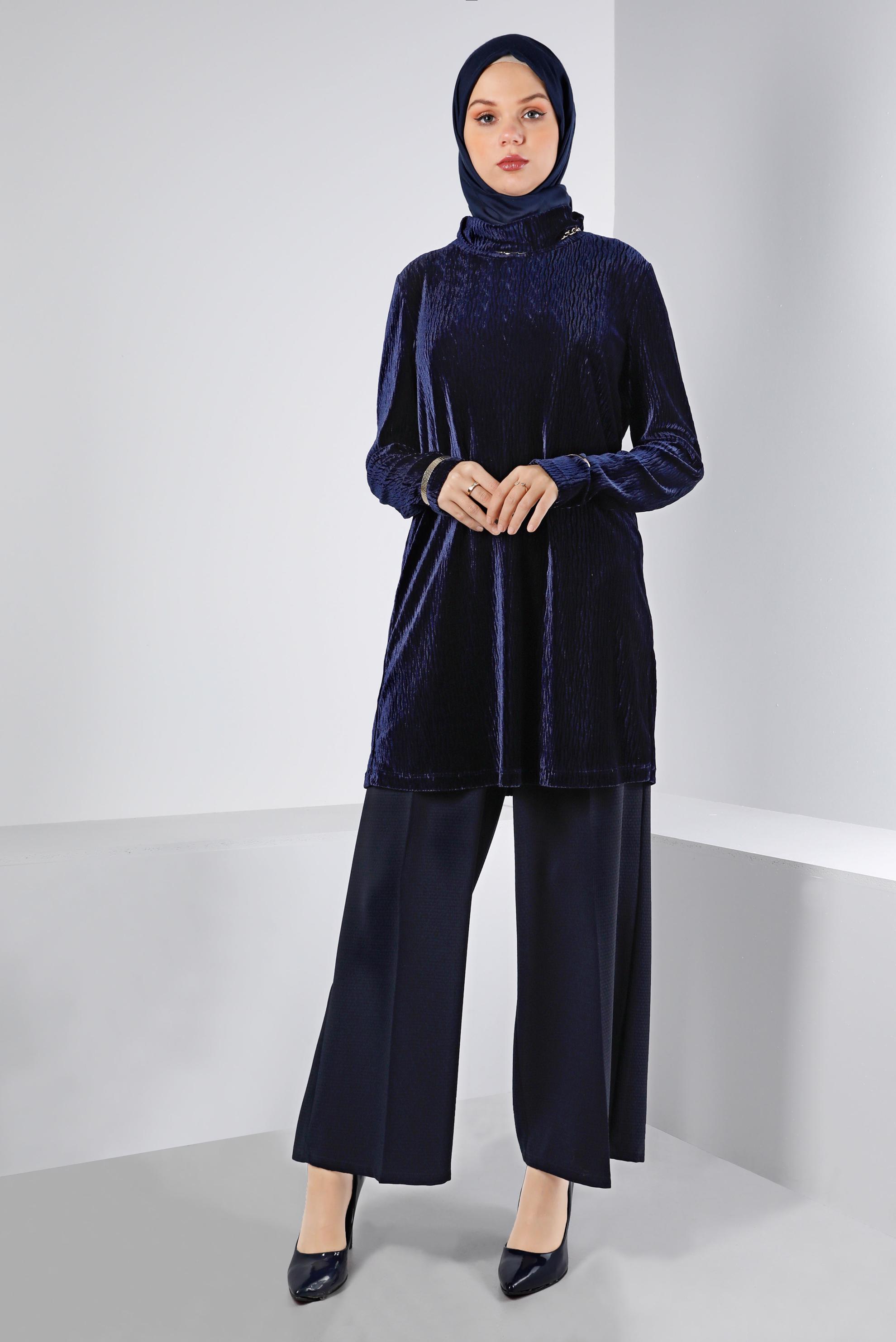 Tesettür giyim LACİVERT BURUŞUK GÖRÜNÜMLÜ KADİFE TUNİK 43442 