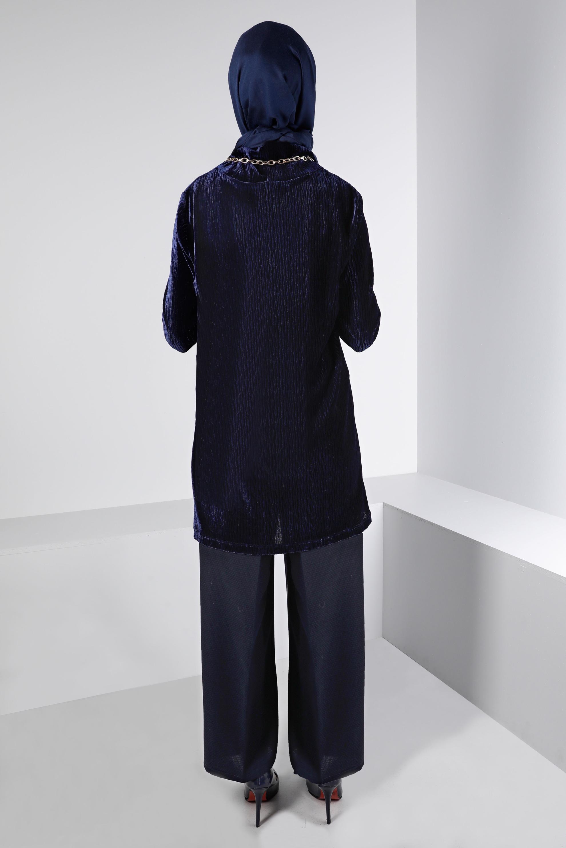 Tesettür giyim LACİVERT BURUŞUK GÖRÜNÜMLÜ KADİFE TUNİK 43442 