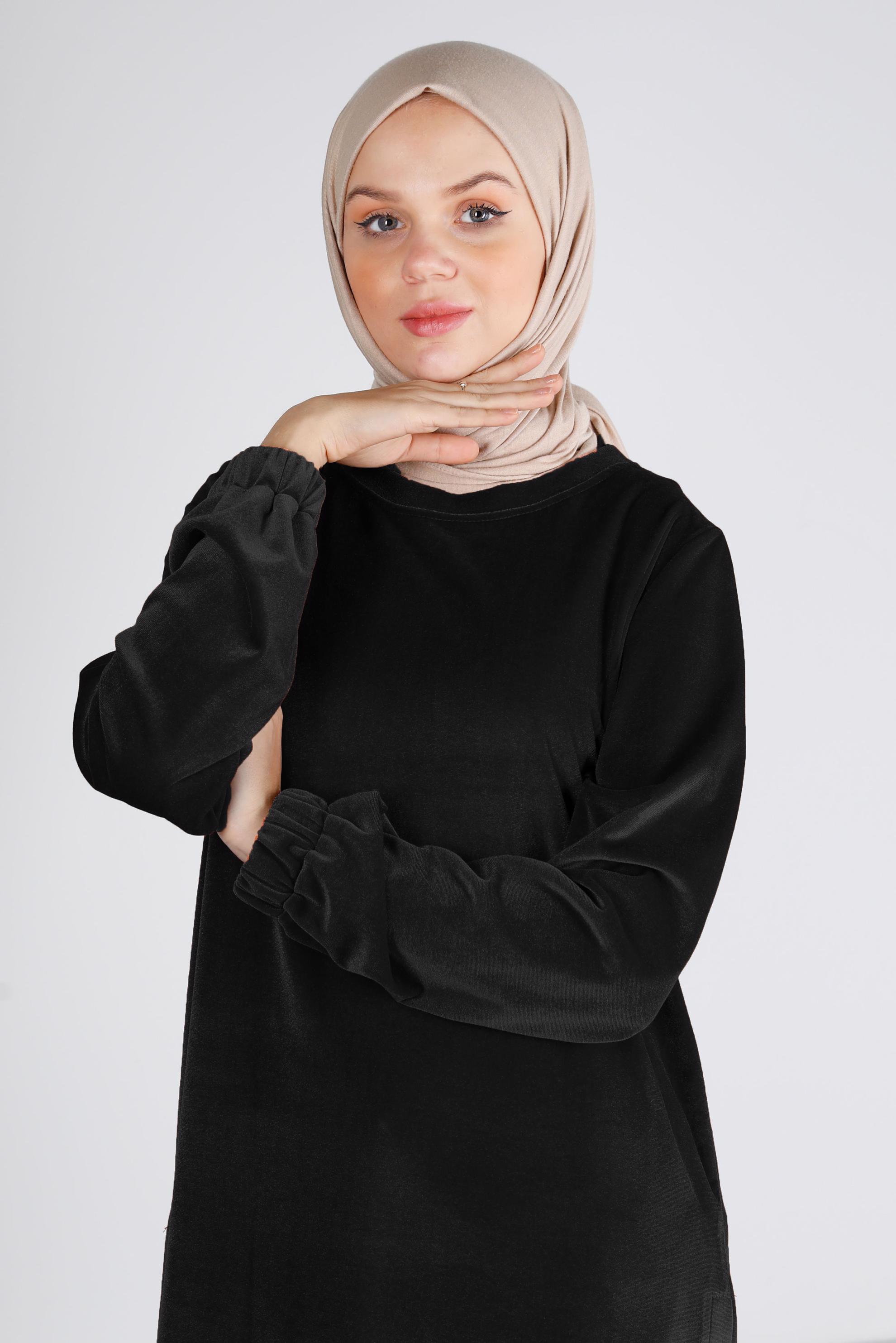 Vêtements hijab NOIR TUNIQUE EN VELOURS AVEC POIGNETS ÉLASTIQUE 43447