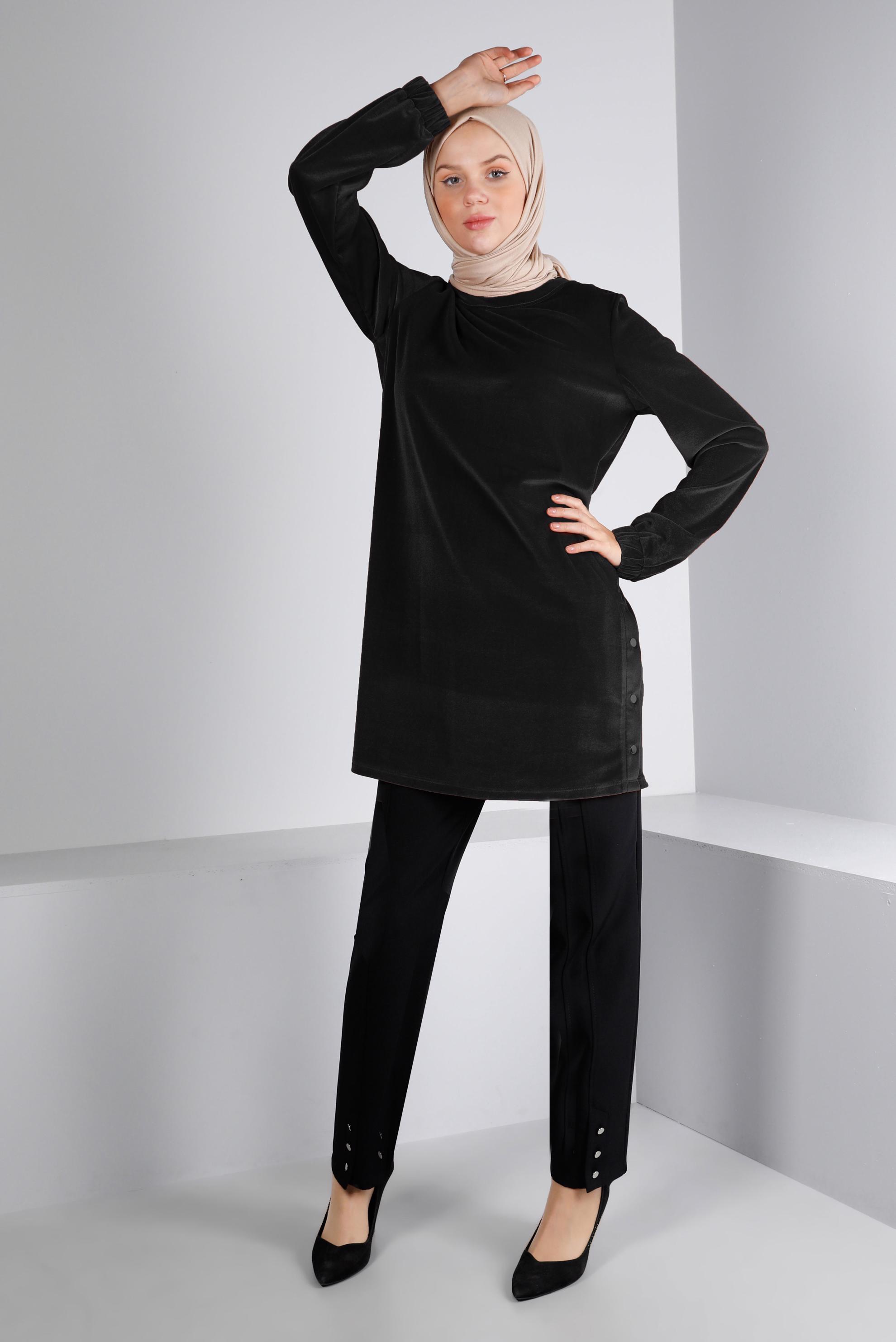 Vêtements hijab NOIR TUNIQUE EN VELOURS AVEC POIGNETS ÉLASTIQUE 43447