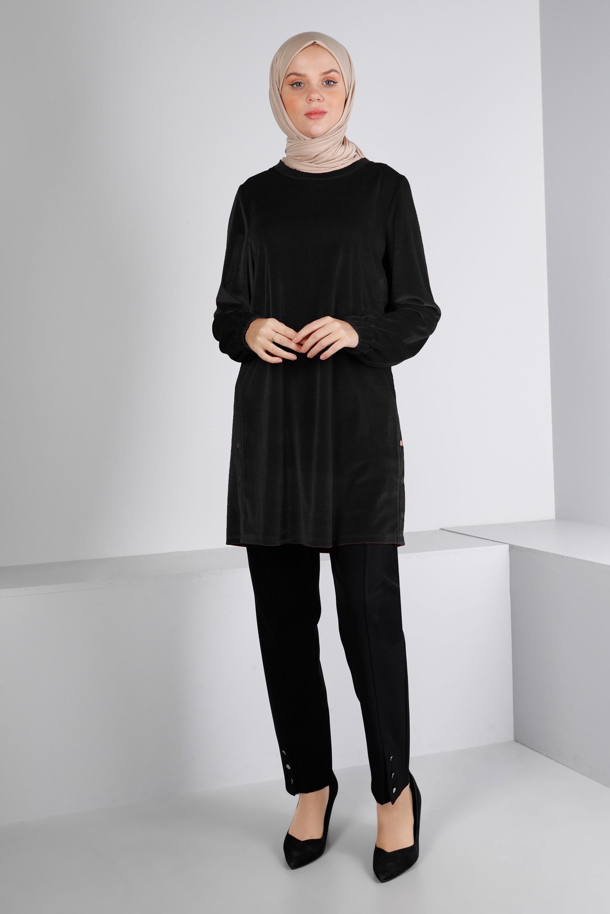 Vêtements hijab NOIR TUNIQUE EN VELOURS AVEC POIGNETS ÉLASTIQUE 43447