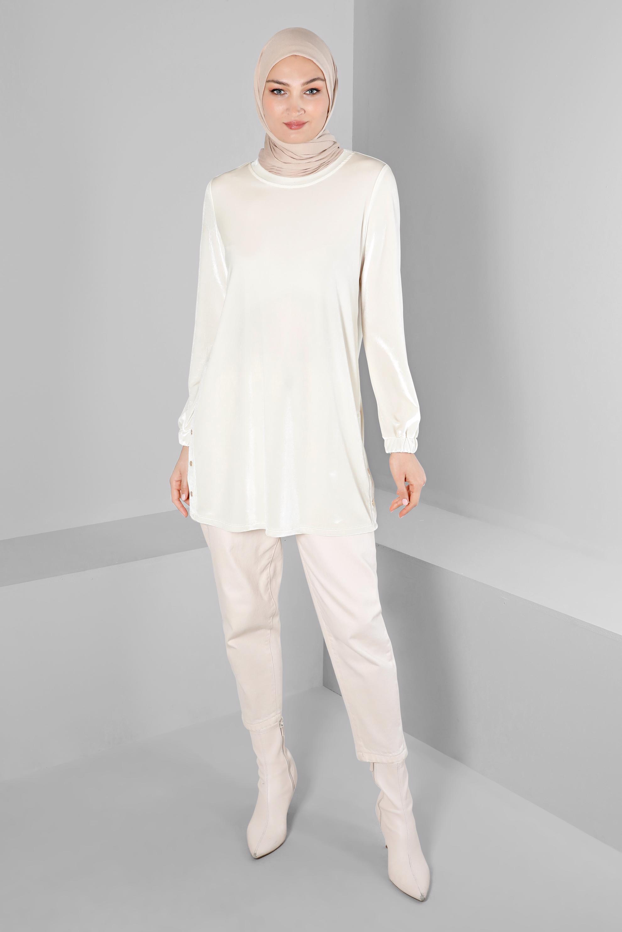 Tesettür giyim BEYAZ KOLU LASTİKLİ KADİFE TUNİK 43447