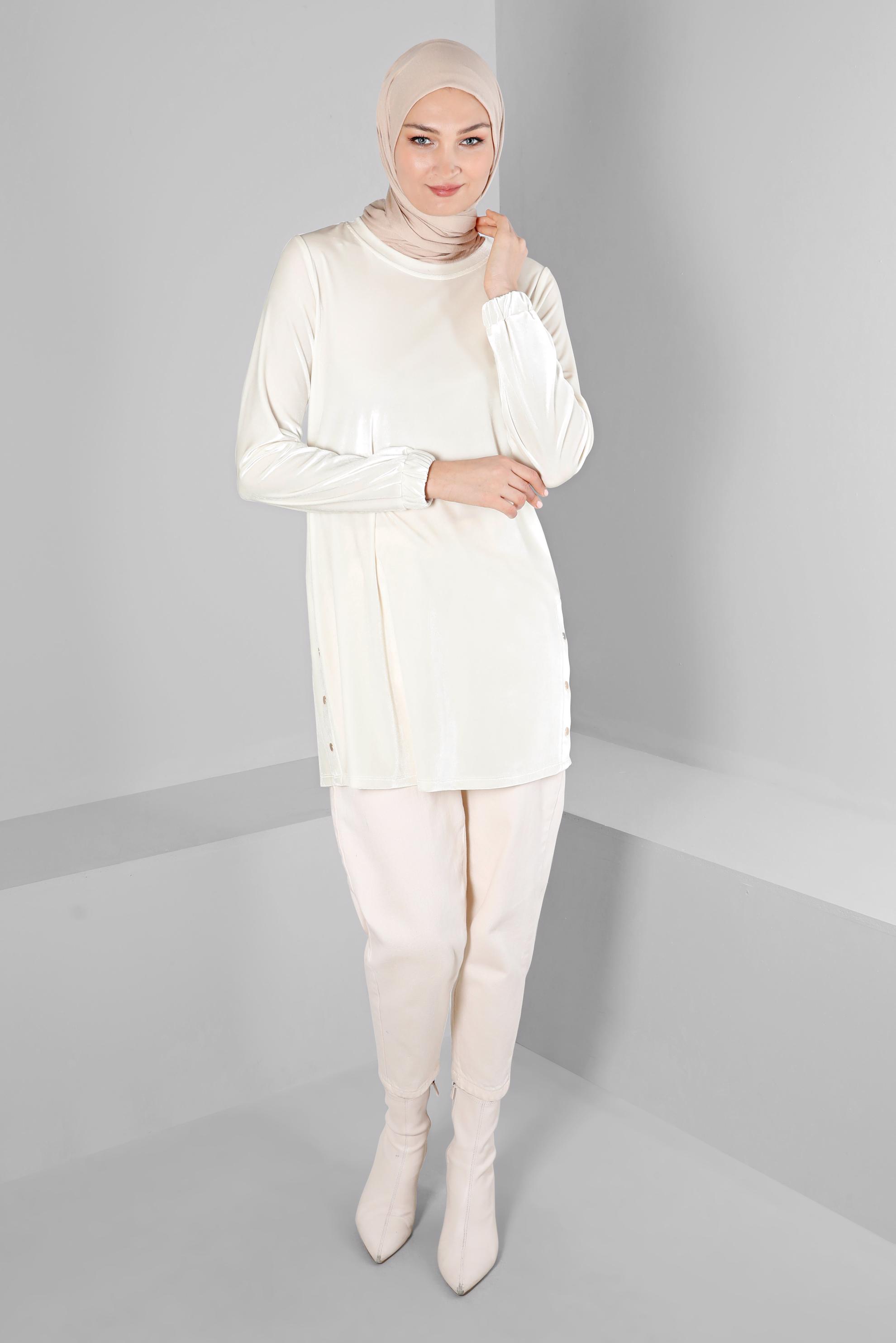 Tesettür giyim BEYAZ KOLU LASTİKLİ KADİFE TUNİK 43447