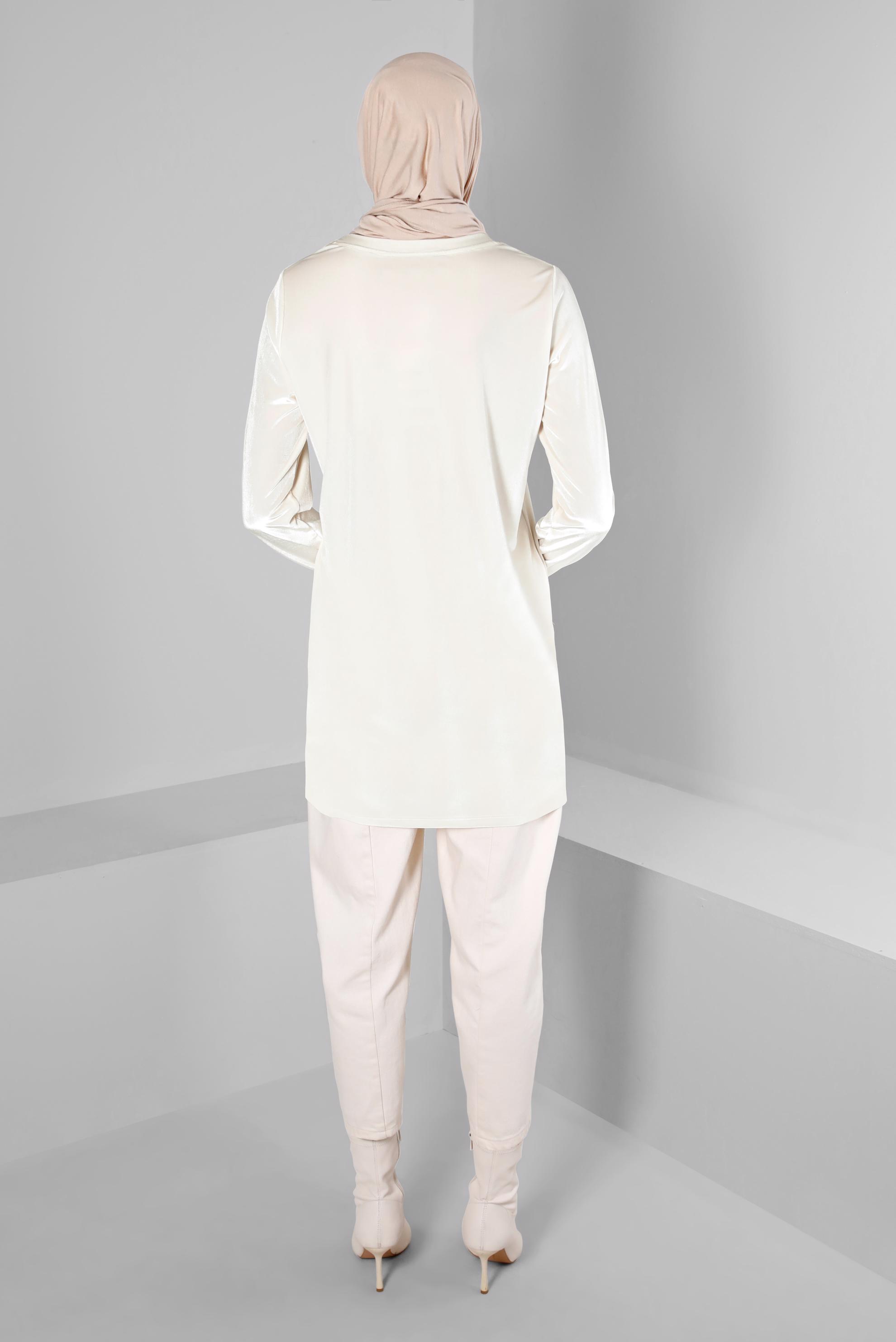 Tesettür giyim BEYAZ KOLU LASTİKLİ KADİFE TUNİK 43447