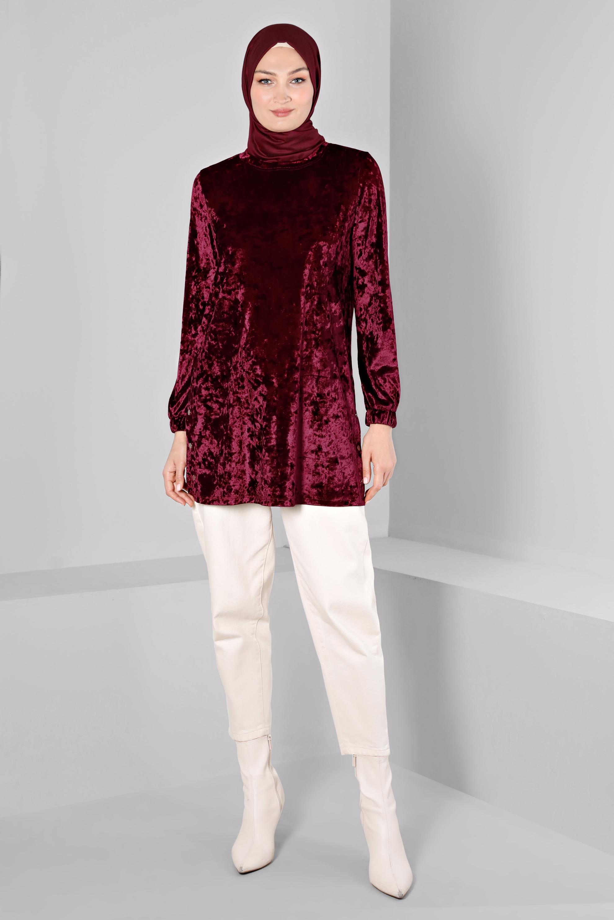 Vêtements hijab ROUGE BORDEAUX TUNIQUE EN VELOURS AVEC POIGNETS ÉLASTIQUE 43447
