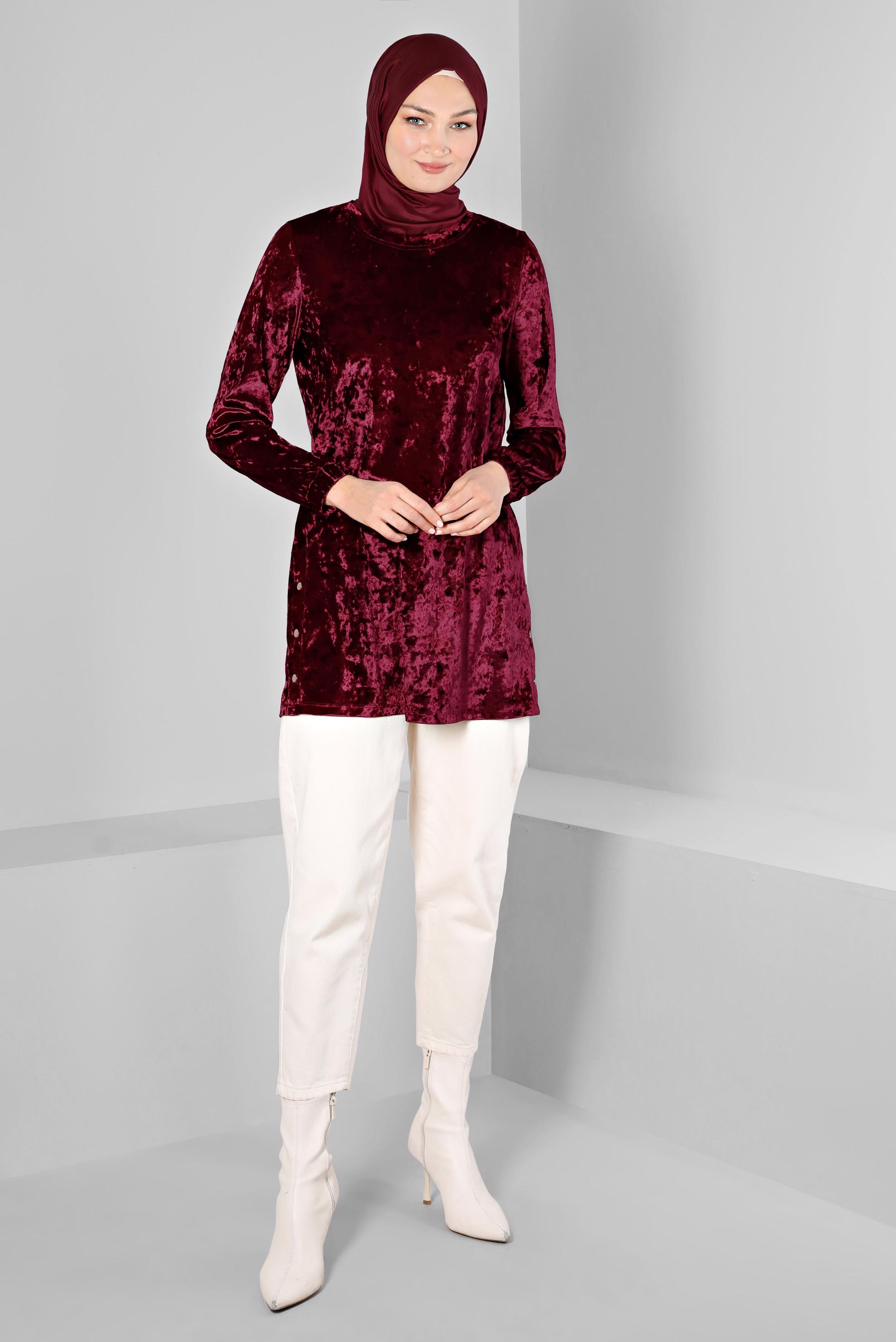 Vêtements hijab ROUGE BORDEAUX TUNIQUE EN VELOURS AVEC POIGNETS ÉLASTIQUE 43447
