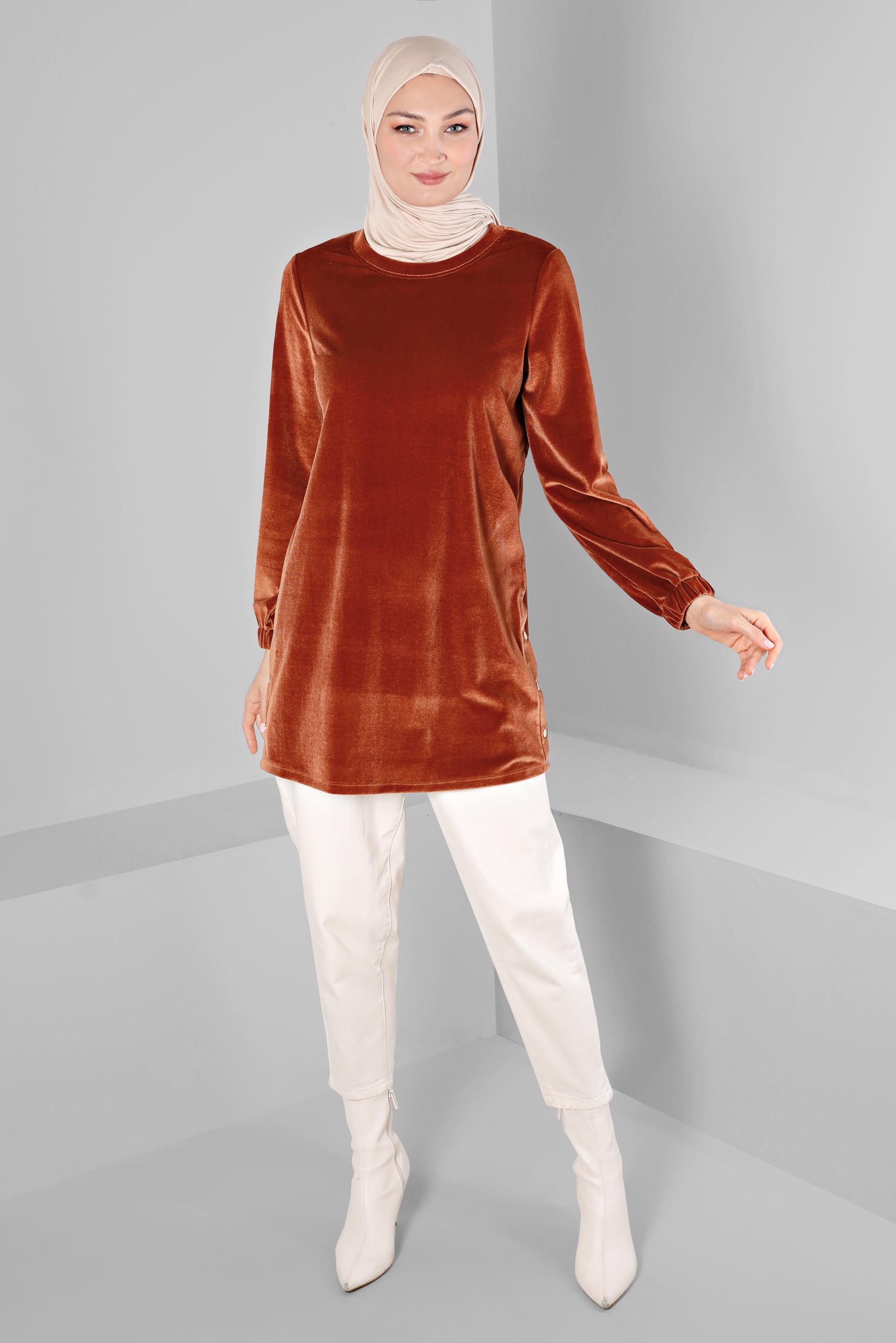 Tesettür giyim TURUNCU KOLU LASTİKLİ KADİFE TUNİK 43447