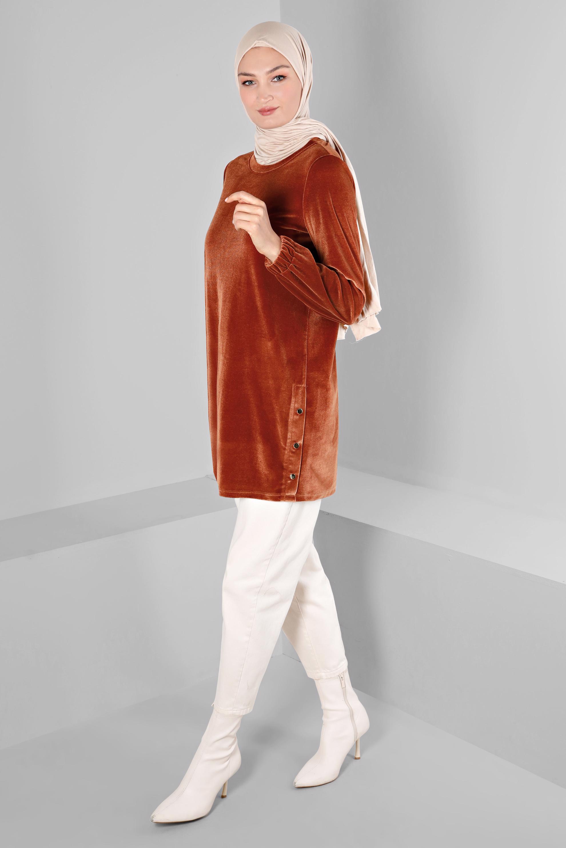 Tesettür giyim TURUNCU KOLU LASTİKLİ KADİFE TUNİK 43447