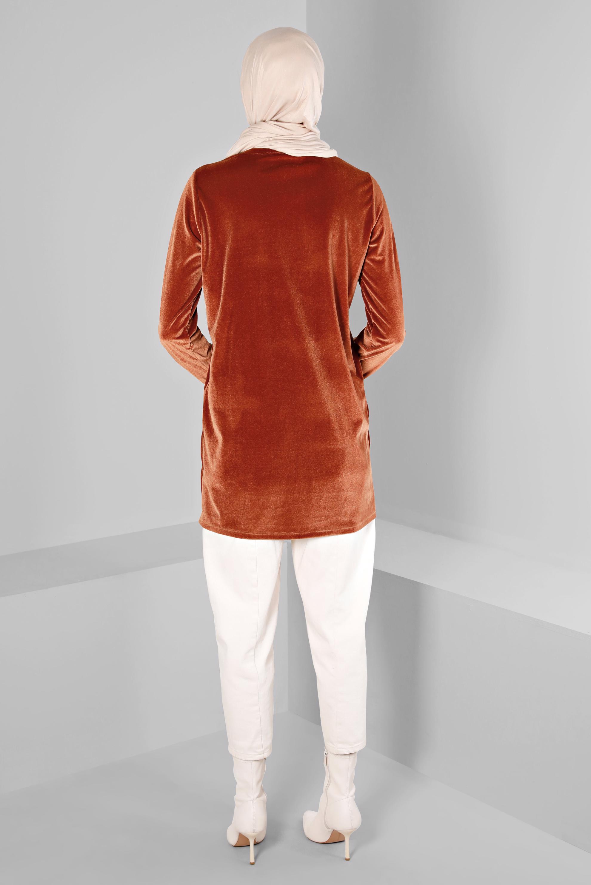 Tesettür giyim TURUNCU KOLU LASTİKLİ KADİFE TUNİK 43447