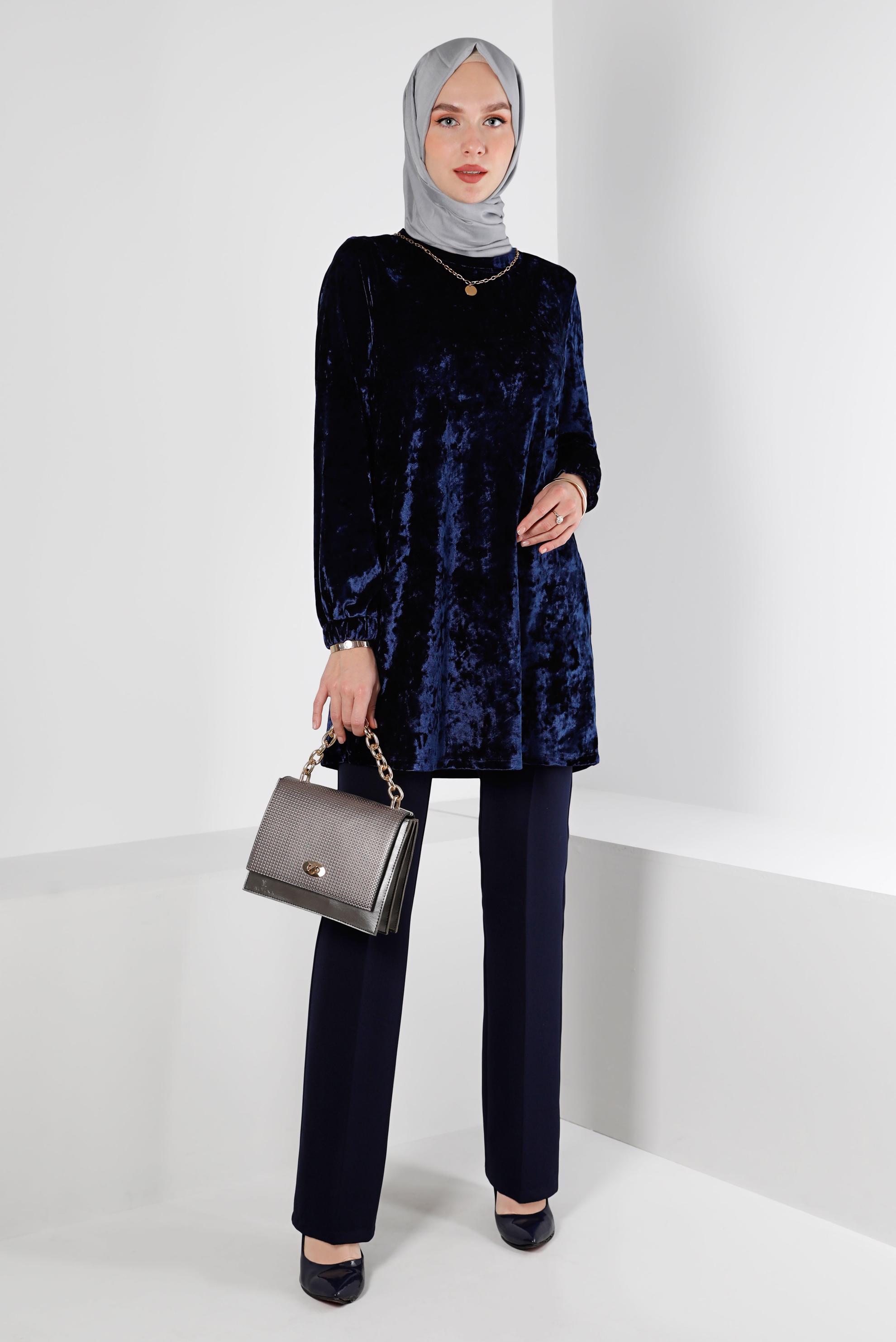 Tesettür giyim LACİVERT KOLU LASTİKLİ KADİFE TUNİK 43447