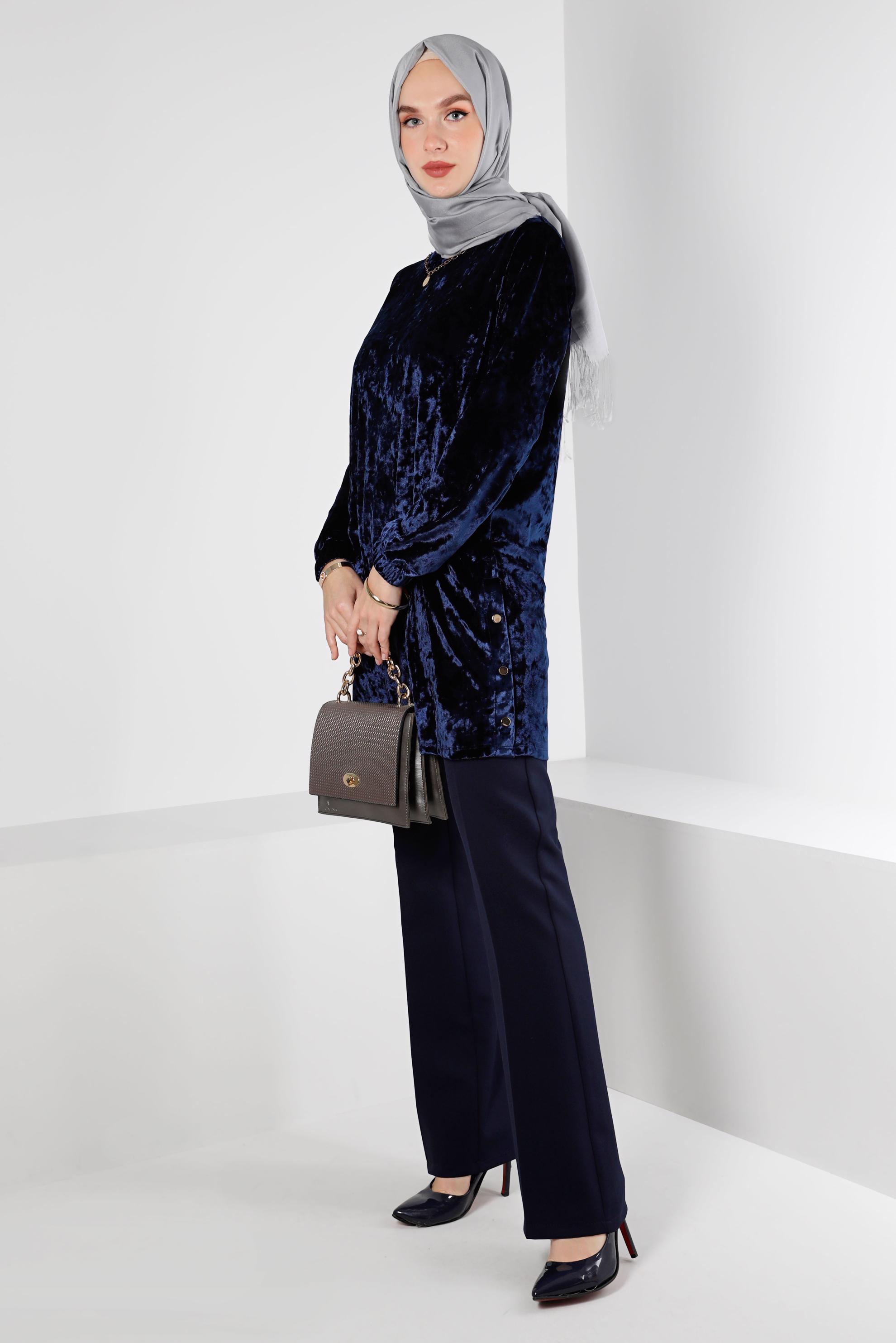 Tesettür giyim LACİVERT KOLU LASTİKLİ KADİFE TUNİK 43447