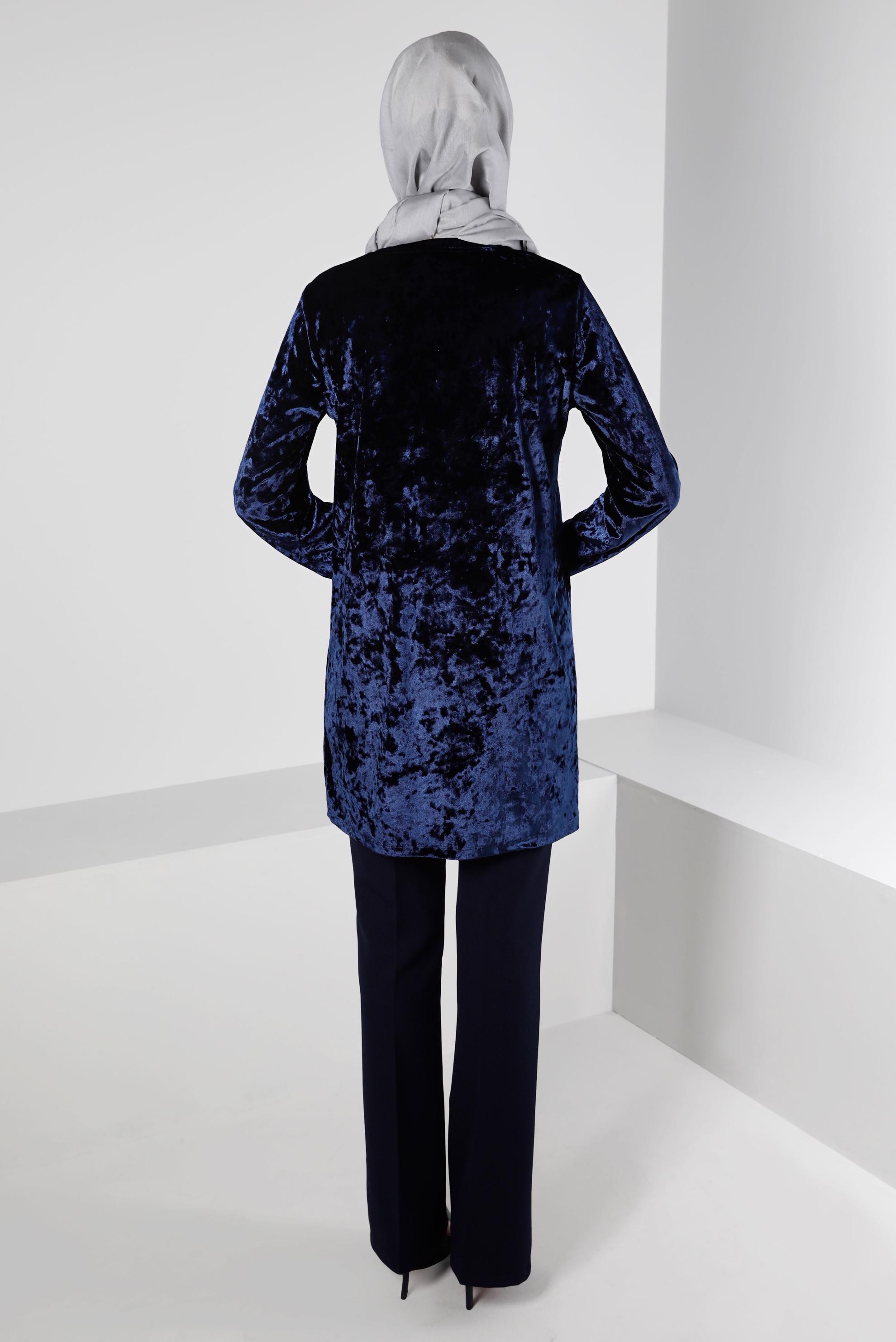 Tesettür giyim LACİVERT KOLU LASTİKLİ KADİFE TUNİK 43447