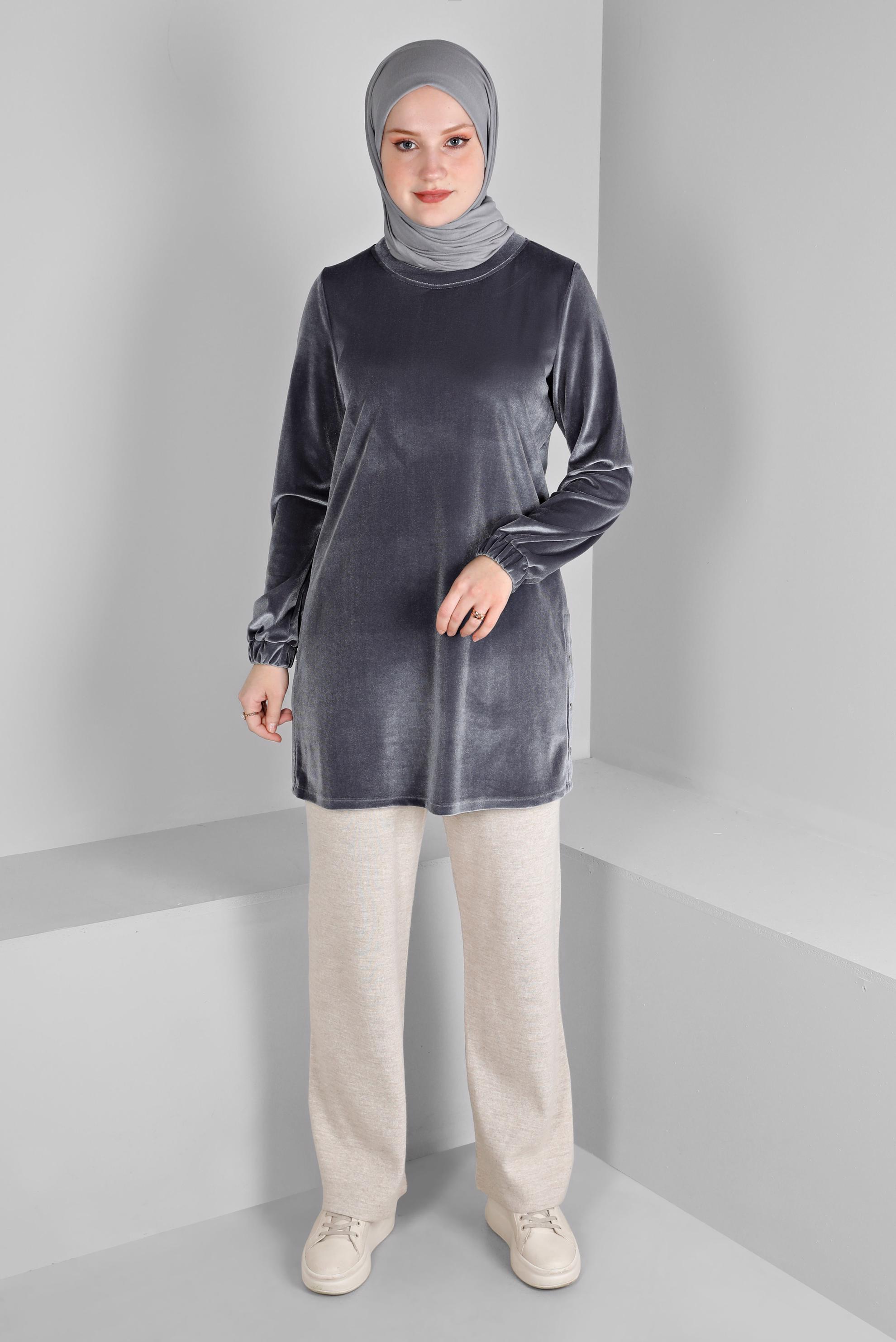 Tesettür giyim GÜMÜŞ KOLU LASTİKLİ KADİFE TUNİK 43447