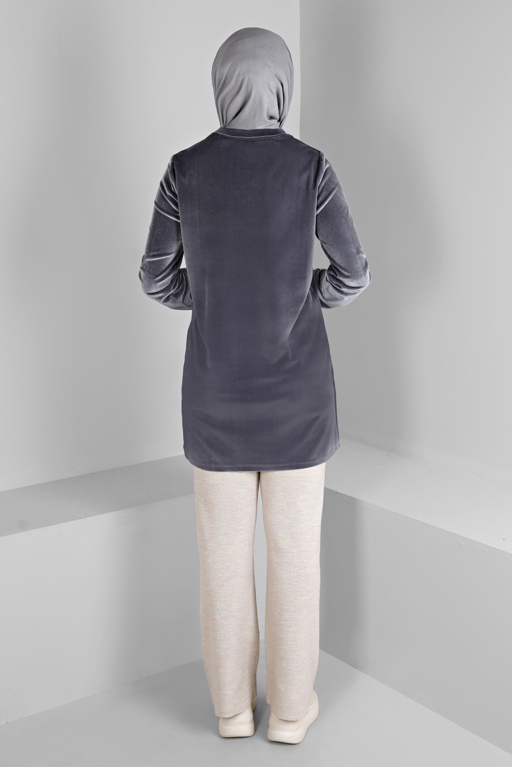 Tesettür giyim GÜMÜŞ KOLU LASTİKLİ KADİFE TUNİK 43447