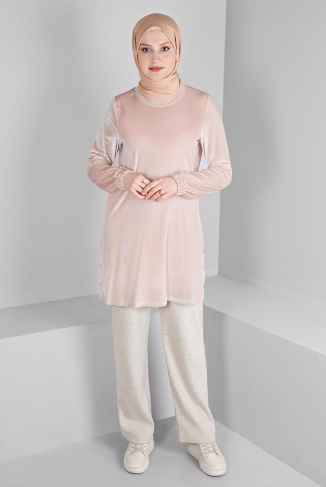 Tesettür giyim PEMBE KOLU LASTİKLİ KADİFE TUNİK 43447 - ALVİNA
