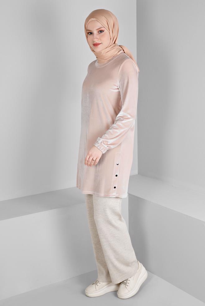 Tesettür giyim PEMBE KOLU LASTİKLİ KADİFE TUNİK 43447 - ALVİNA