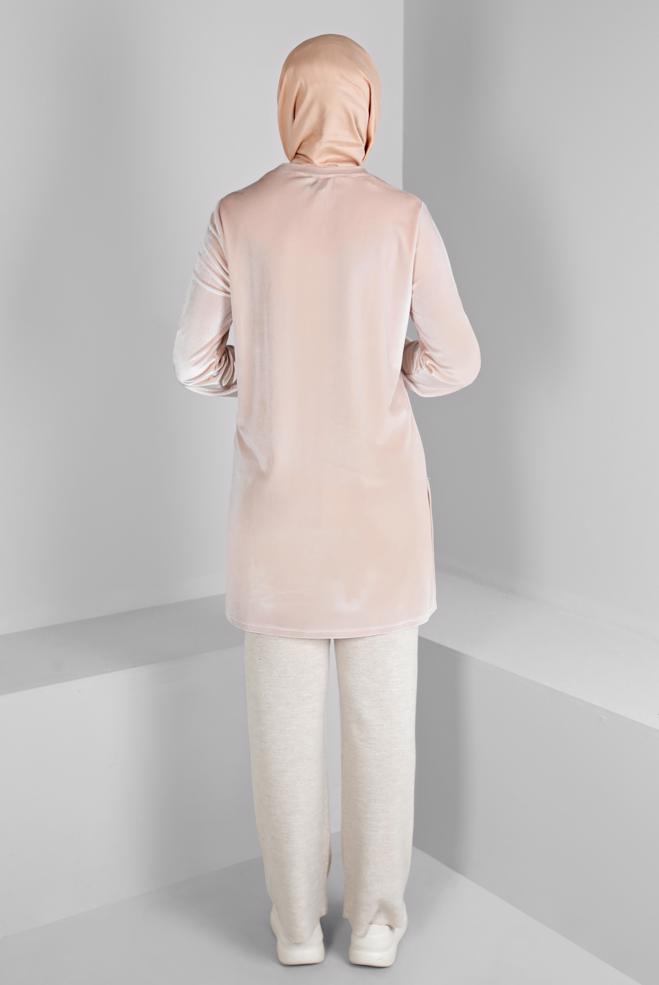 Tesettür giyim PEMBE KOLU LASTİKLİ KADİFE TUNİK 43447 - ALVİNA