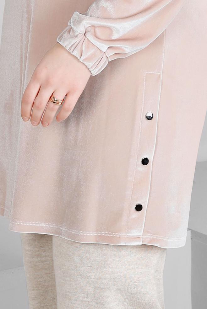 Tesettür giyim PEMBE KOLU LASTİKLİ KADİFE TUNİK 43447 - ALVİNA