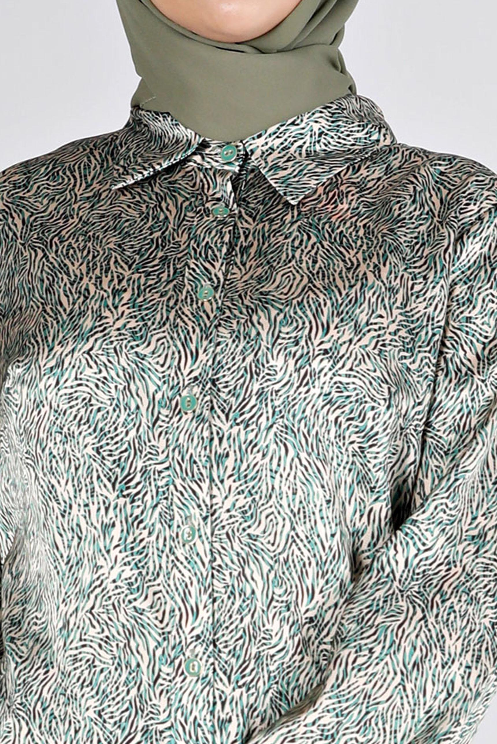 Tesettür giyim YEŞİL DESENLİ SATEN TUNİK 43449 