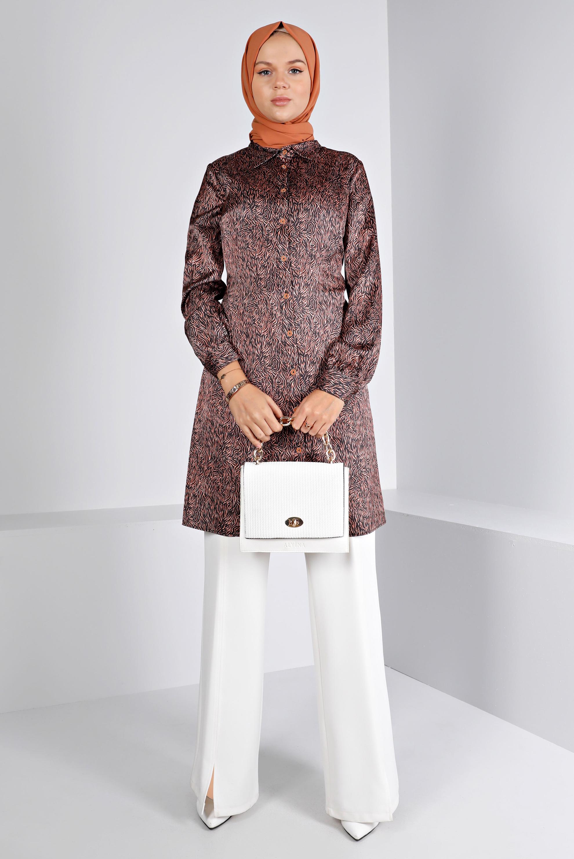 Tesettür giyim TURUNCU DESENLİ SATEN TUNİK 43449 