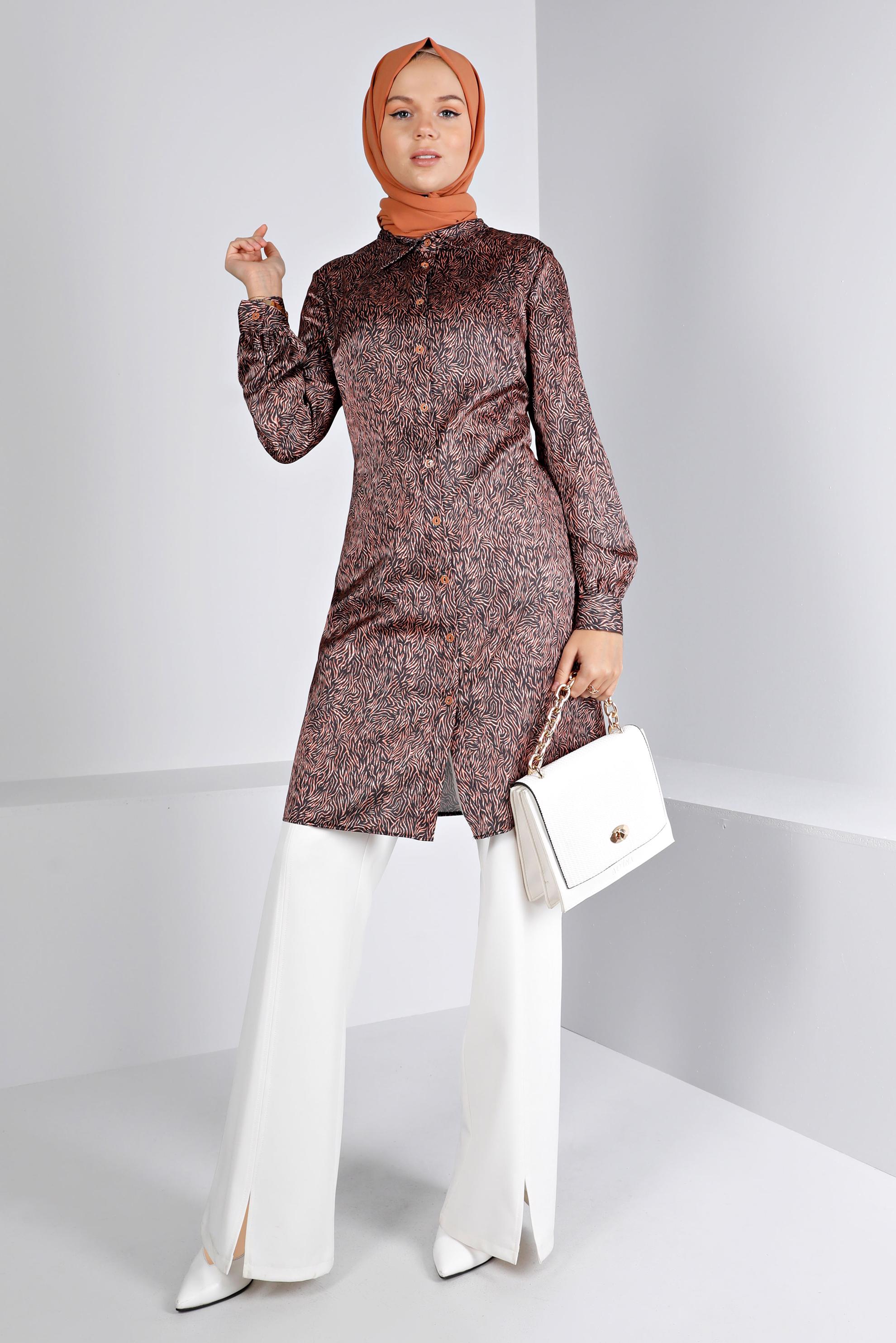 Tesettür giyim TURUNCU DESENLİ SATEN TUNİK 43449 