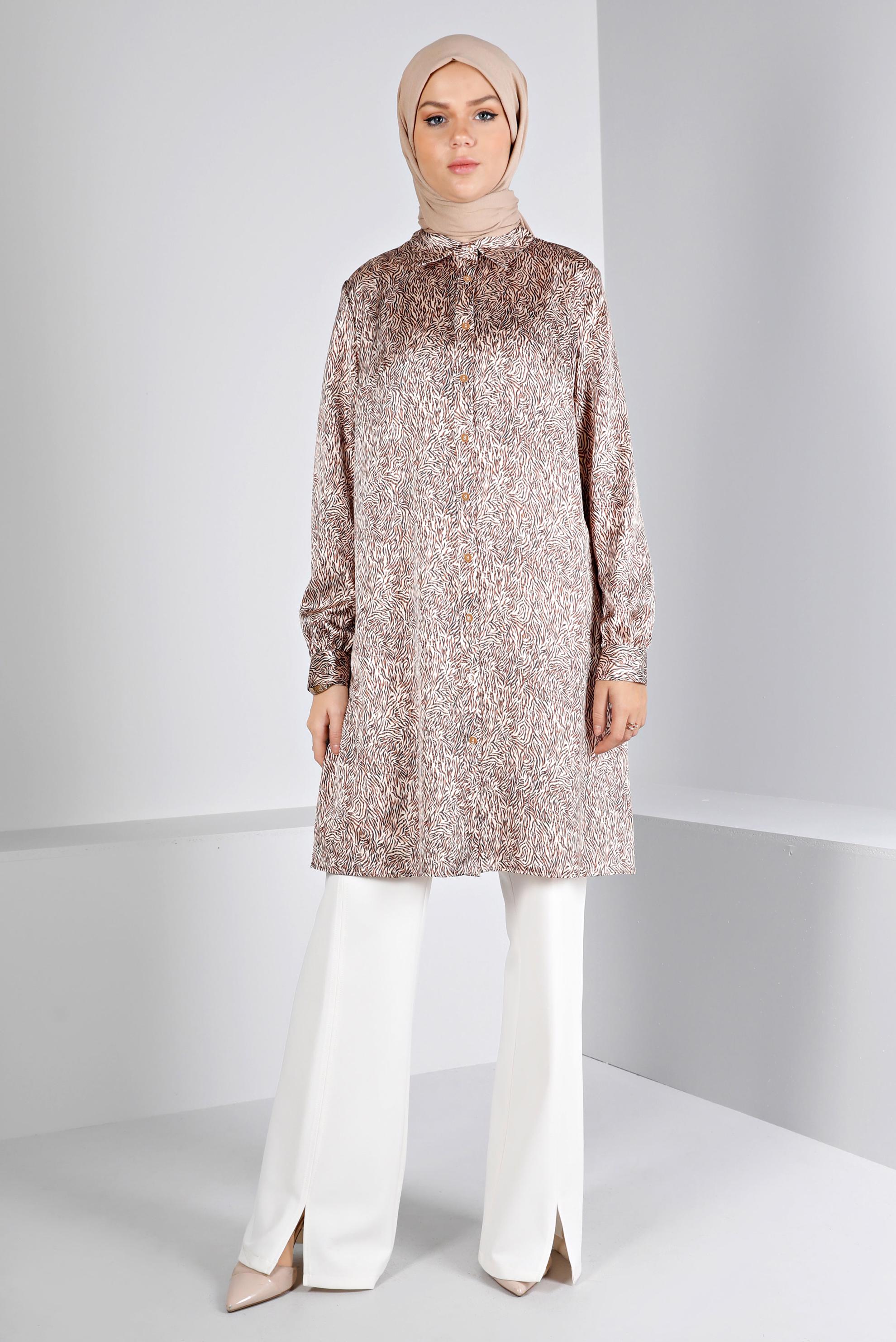 Tesettür giyim KAHVE DESENLİ SATEN TUNİK 43449 