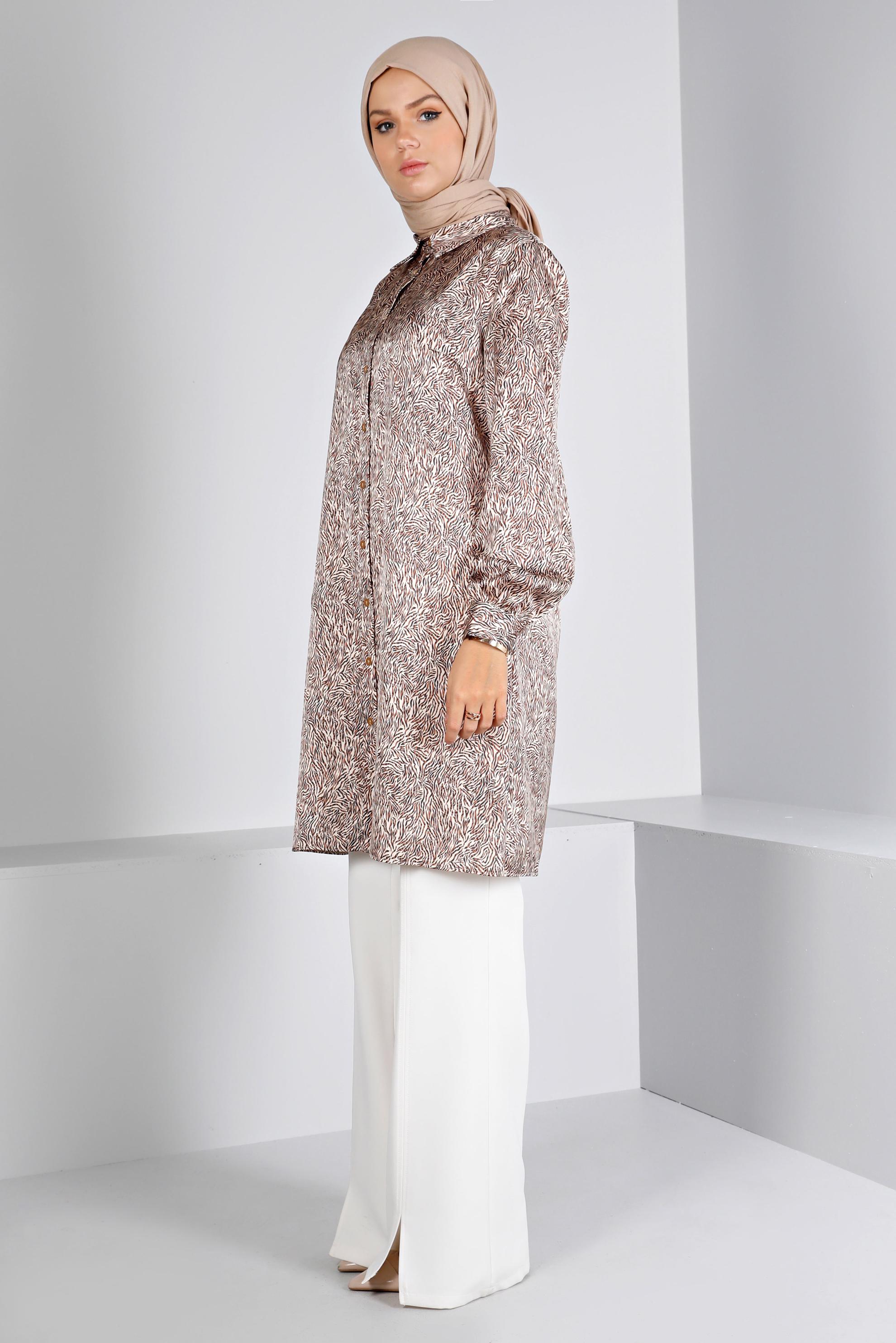 Tesettür giyim KAHVE DESENLİ SATEN TUNİK 43449 