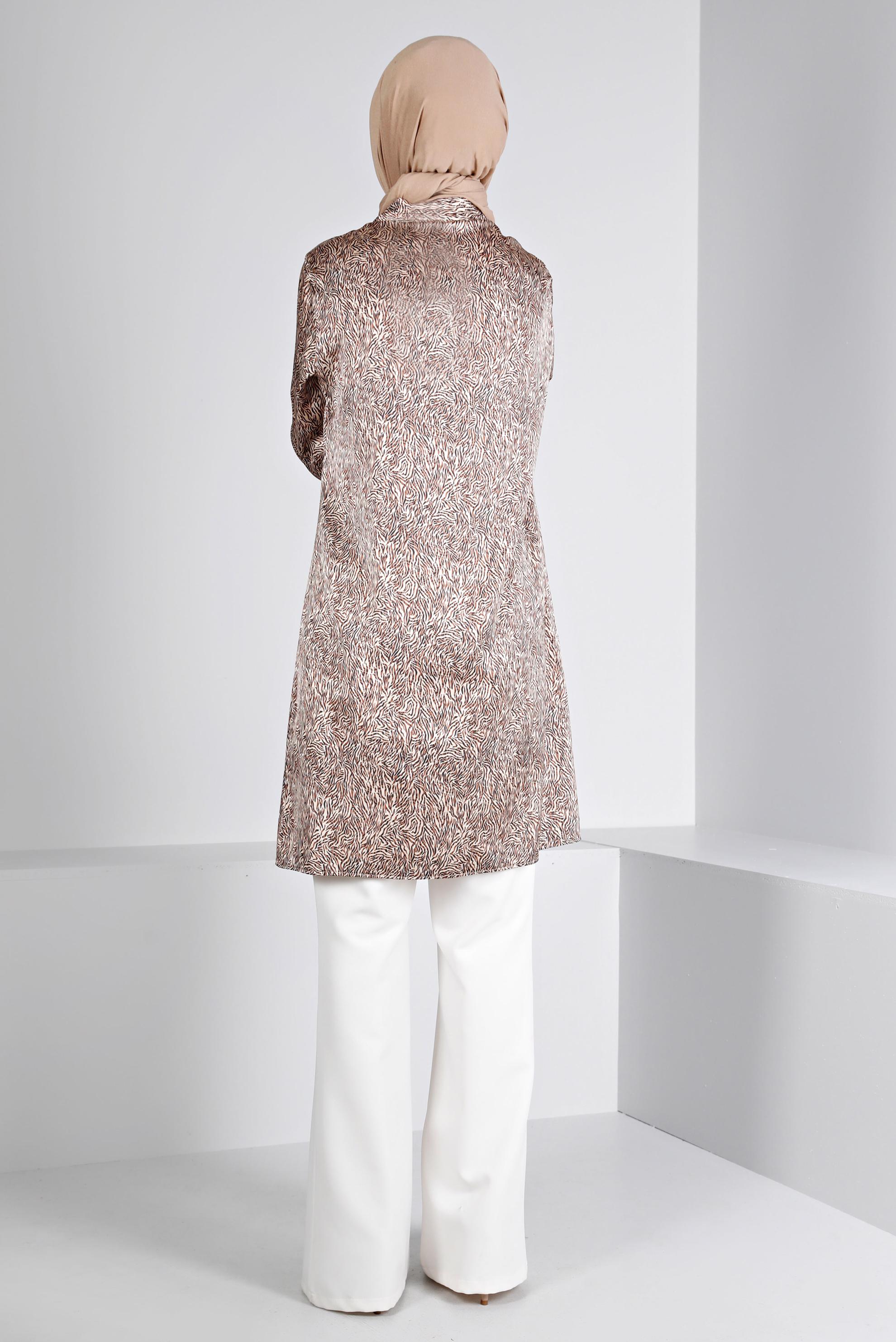 Tesettür giyim KAHVE DESENLİ SATEN TUNİK 43449 