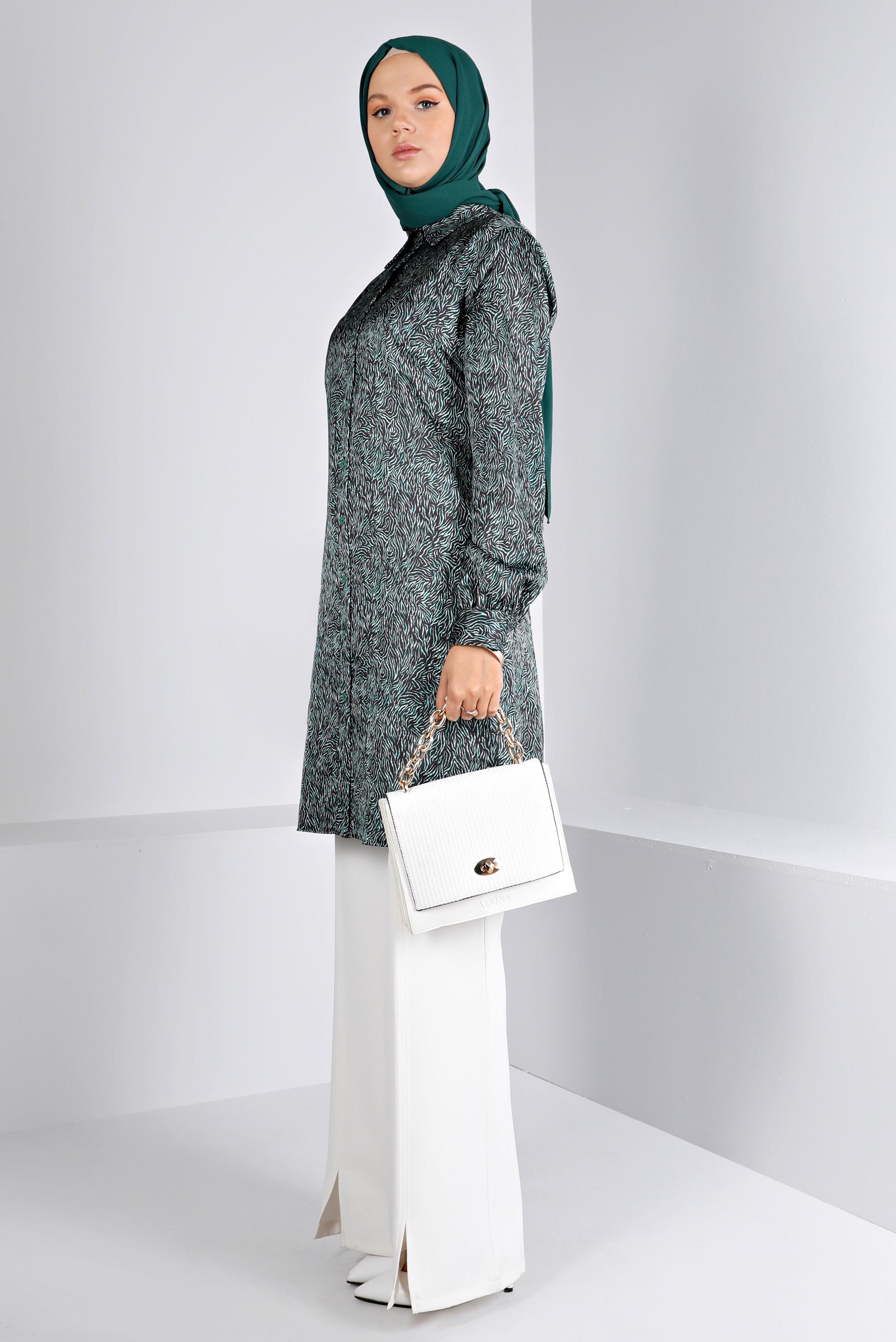 Tesettür giyim YEŞİL DESENLİ SATEN TUNİK 43449 