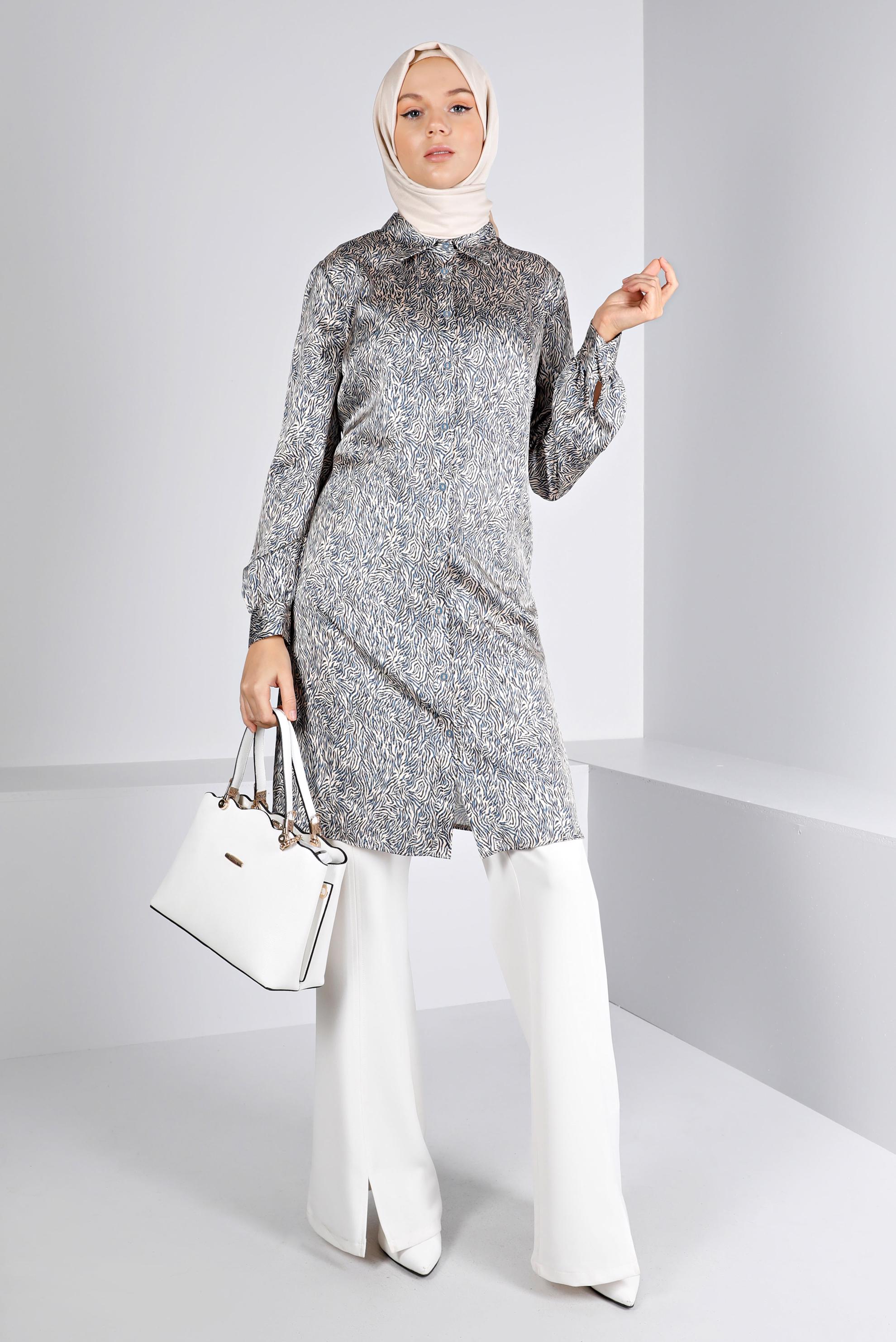 Tesettür giyim LACİVERT DESENLİ SATEN TUNİK 43449 