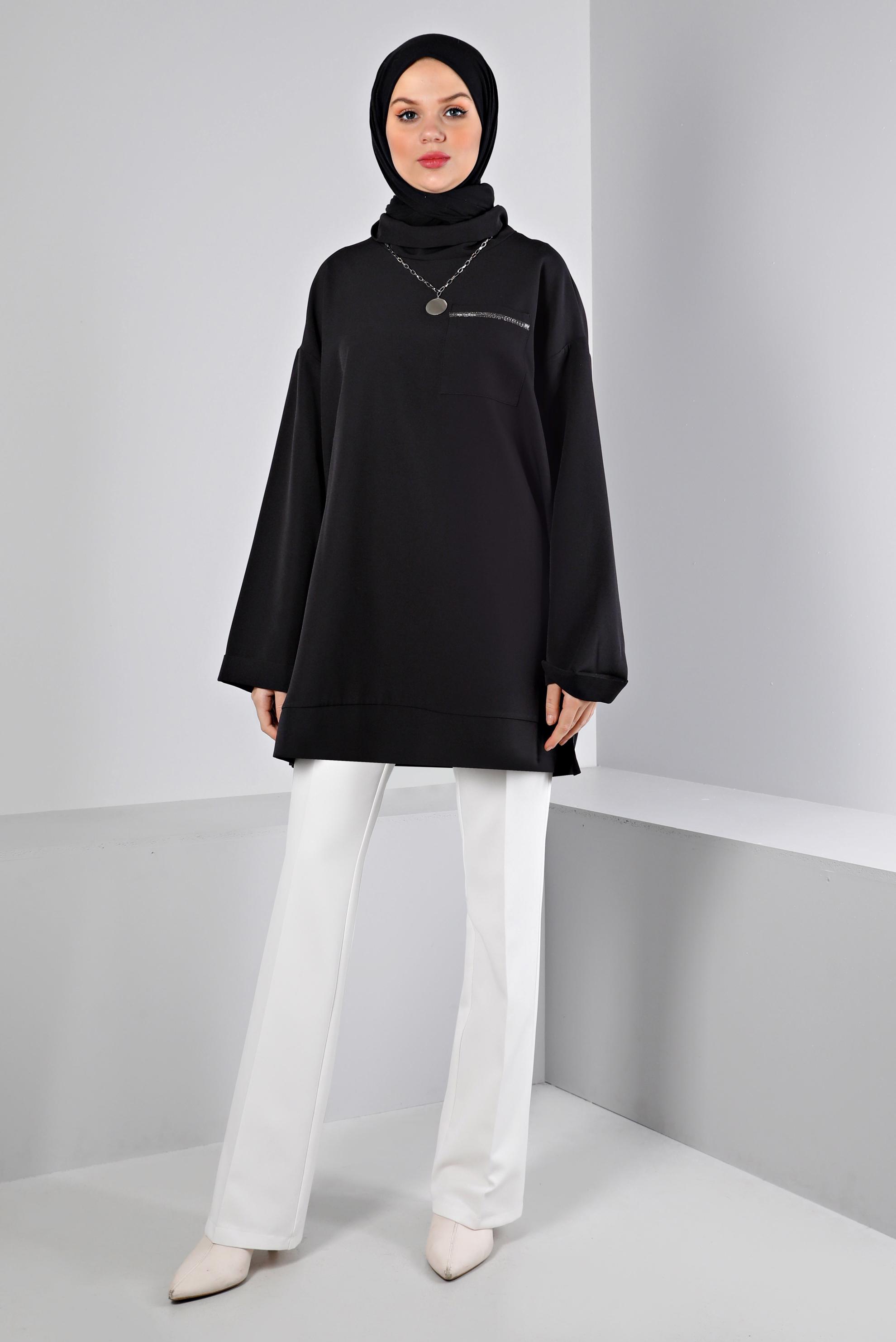 Tesettür giyim SİYAH DEGAJE YAKA CEPLİ TUNİK 43453