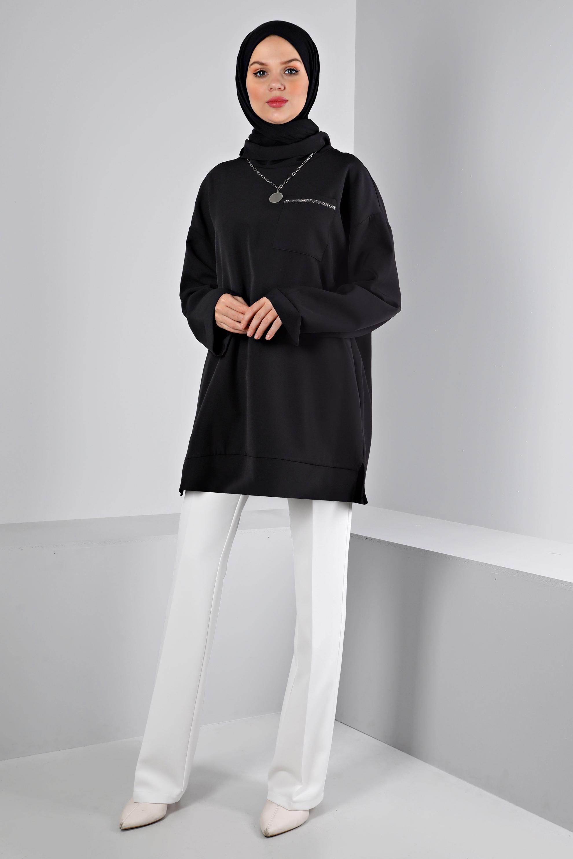 Tesettür giyim SİYAH DEGAJE YAKA CEPLİ TUNİK 43453