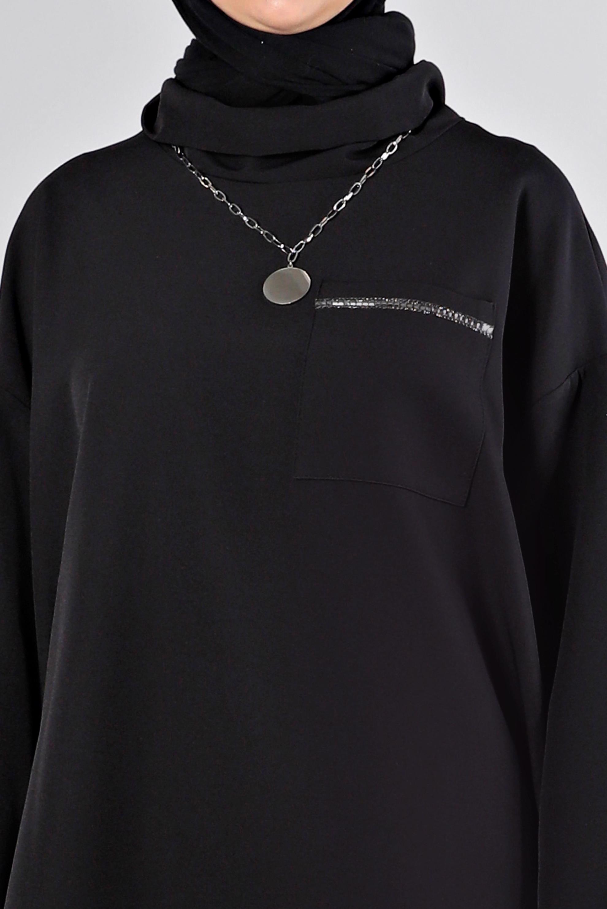 Tesettür giyim SİYAH DEGAJE YAKA CEPLİ TUNİK 43453