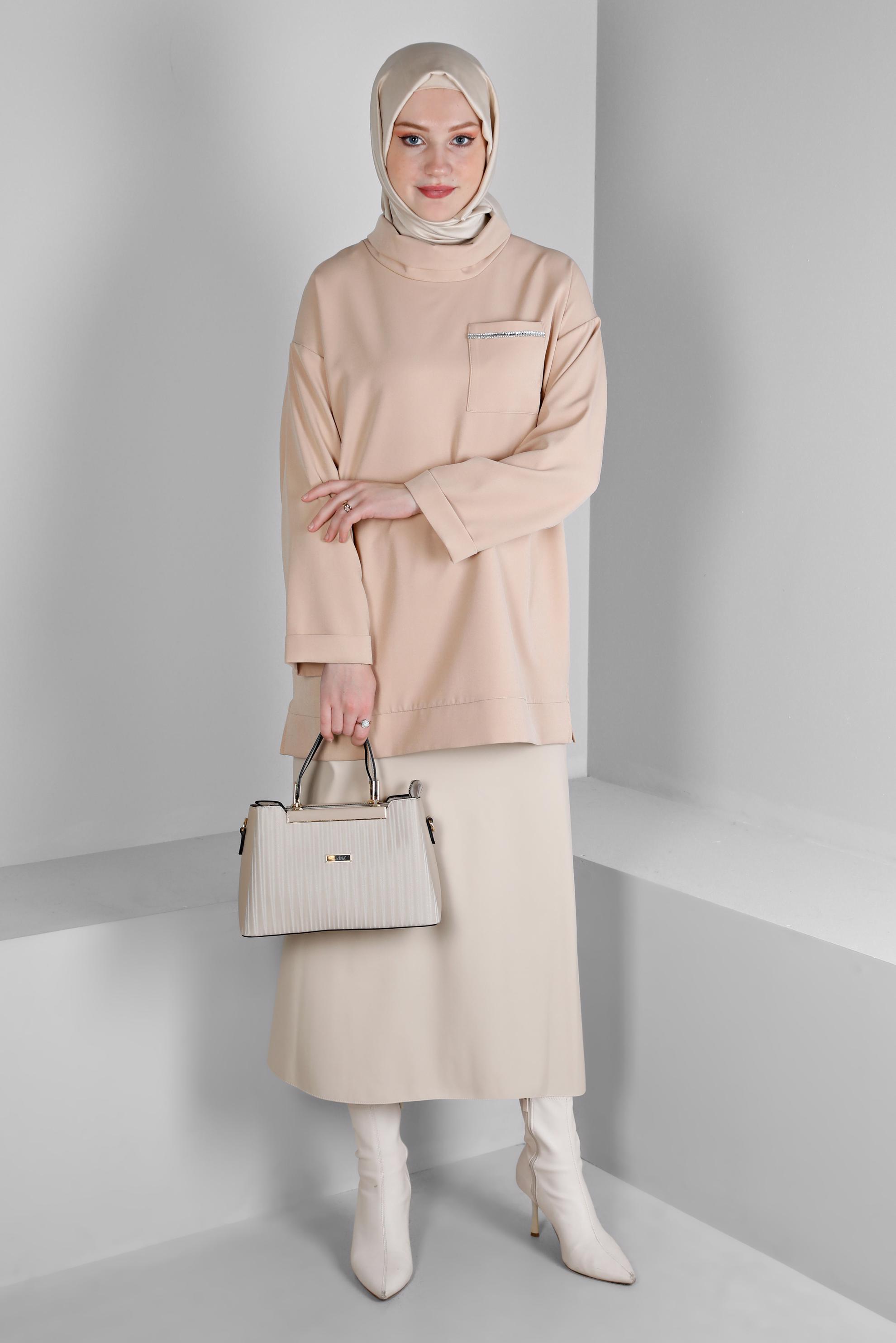 Vêtements hijab BEIGE TUNIQUE COL BAUCHE AVEC POCHE 43453