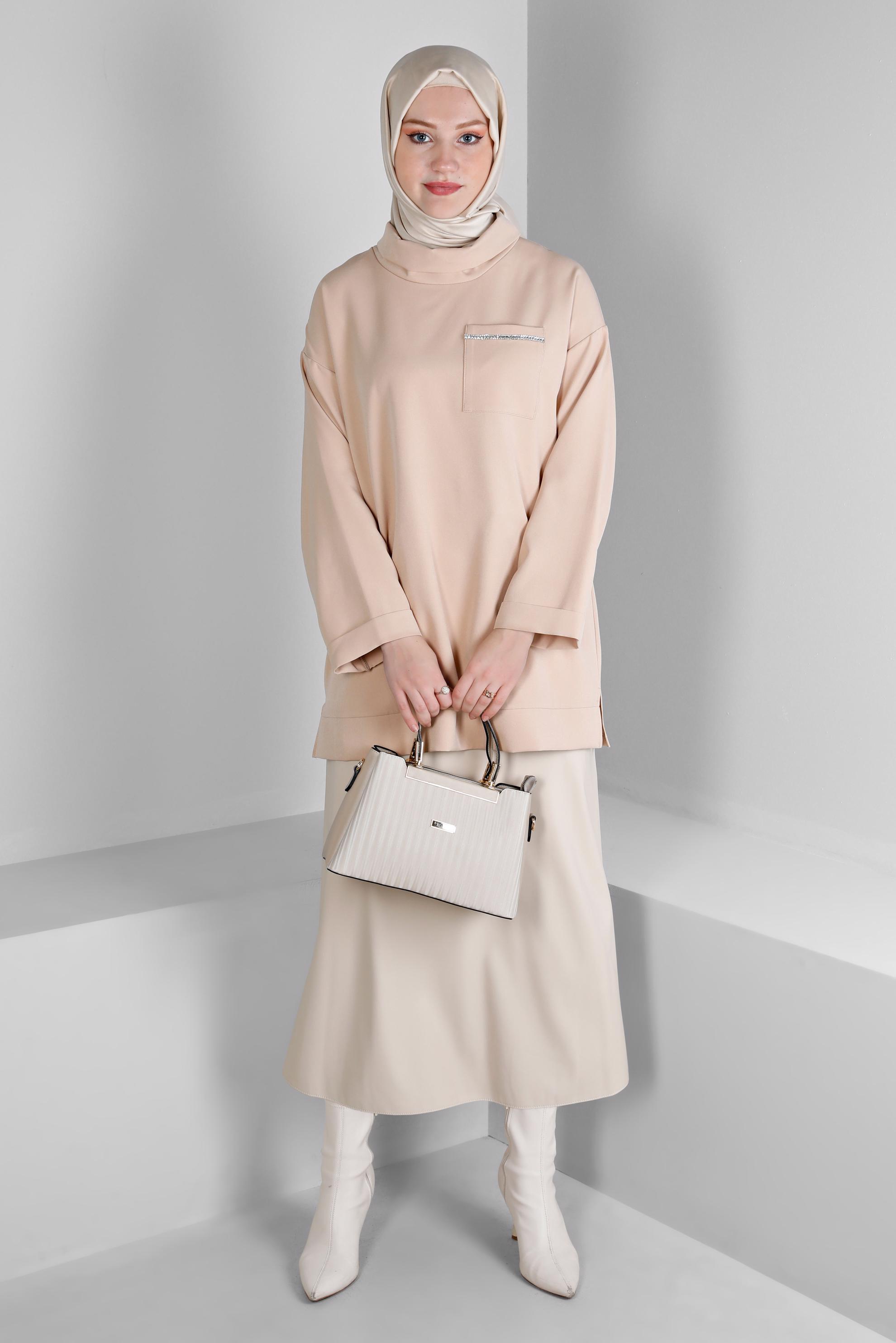 Vêtements hijab BEIGE TUNIQUE COL BAUCHE AVEC POCHE 43453