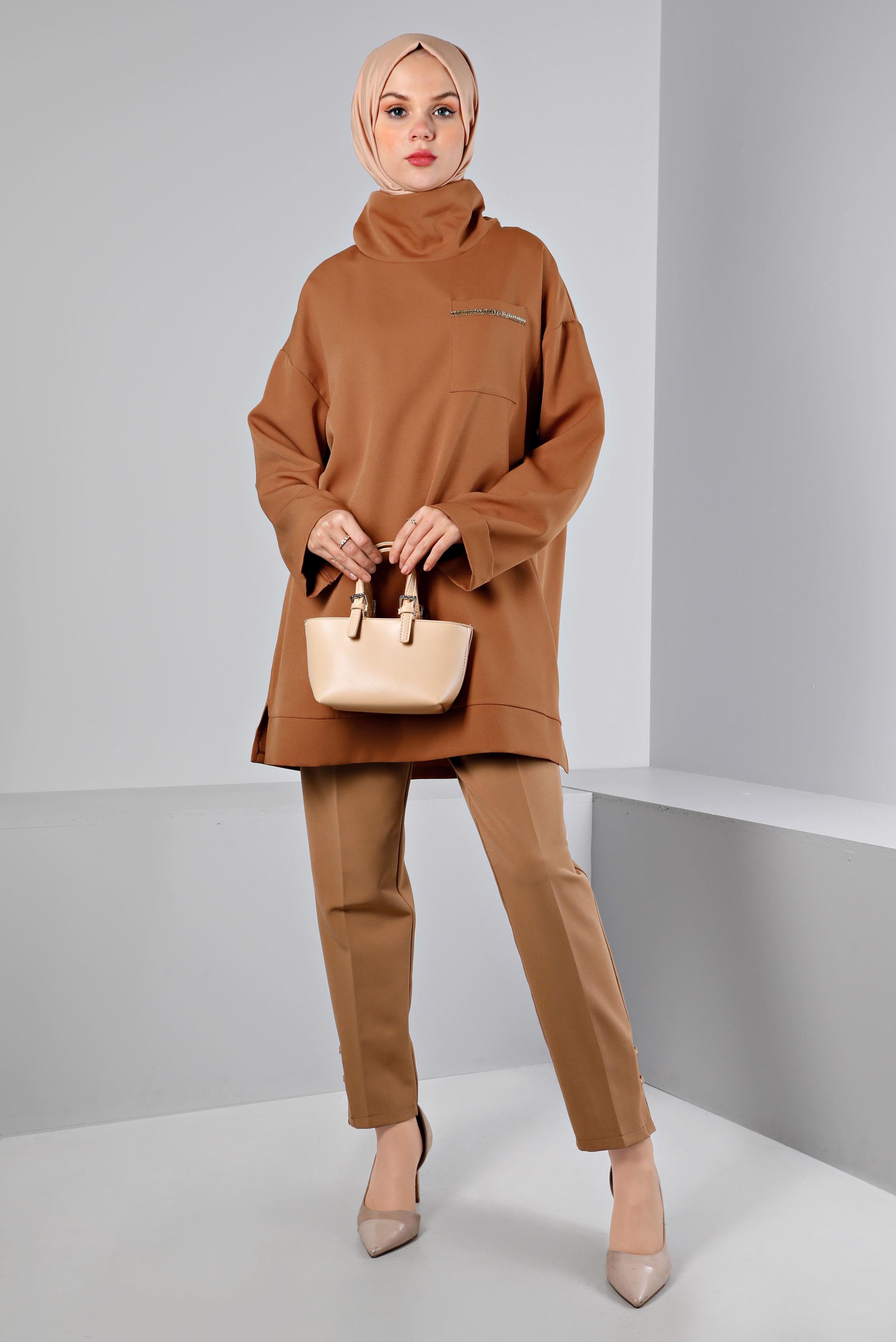 Tesettür giyim TABA DEGAJE YAKA CEPLİ TUNİK 43453