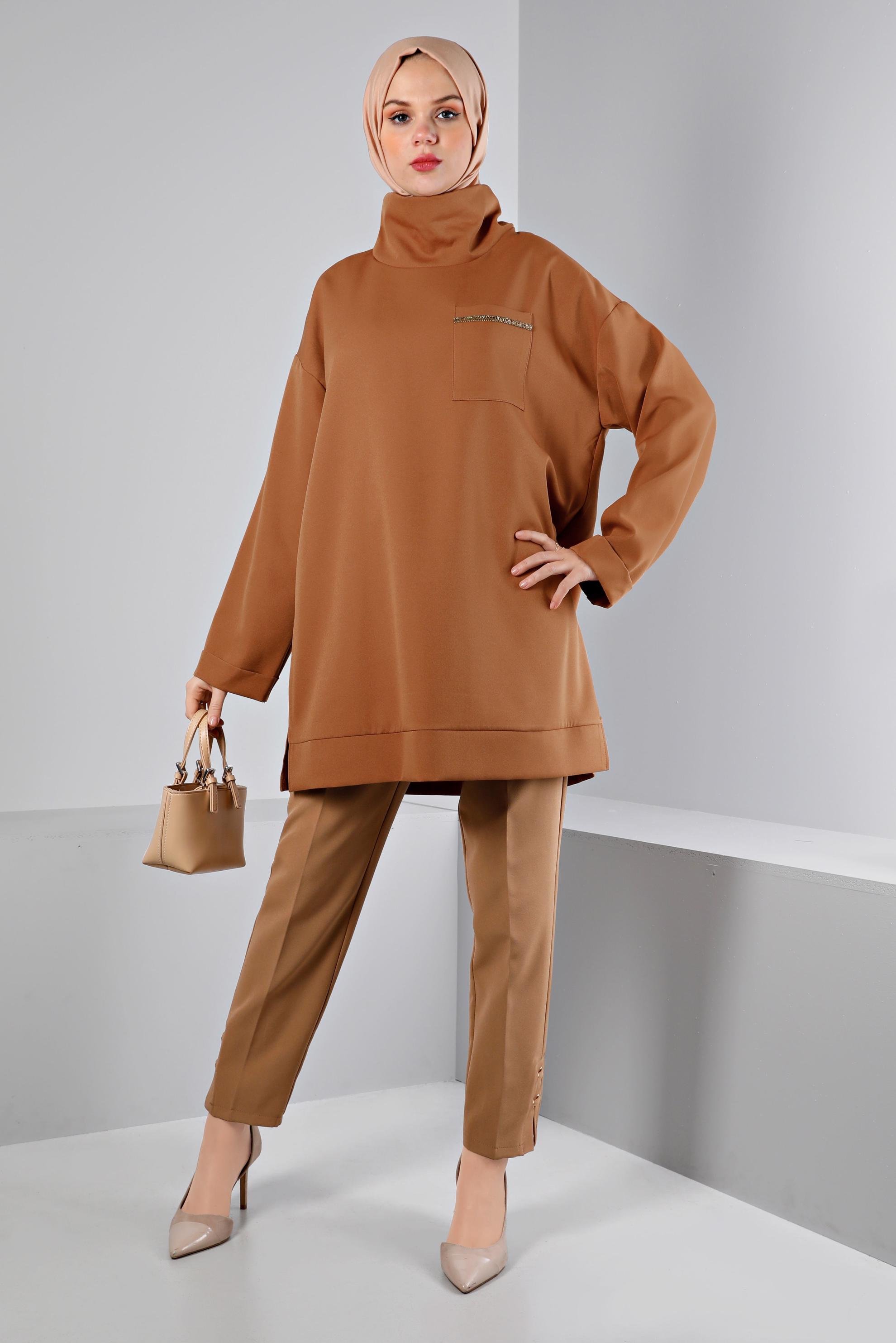 Tesettür giyim TABA DEGAJE YAKA CEPLİ TUNİK 43453