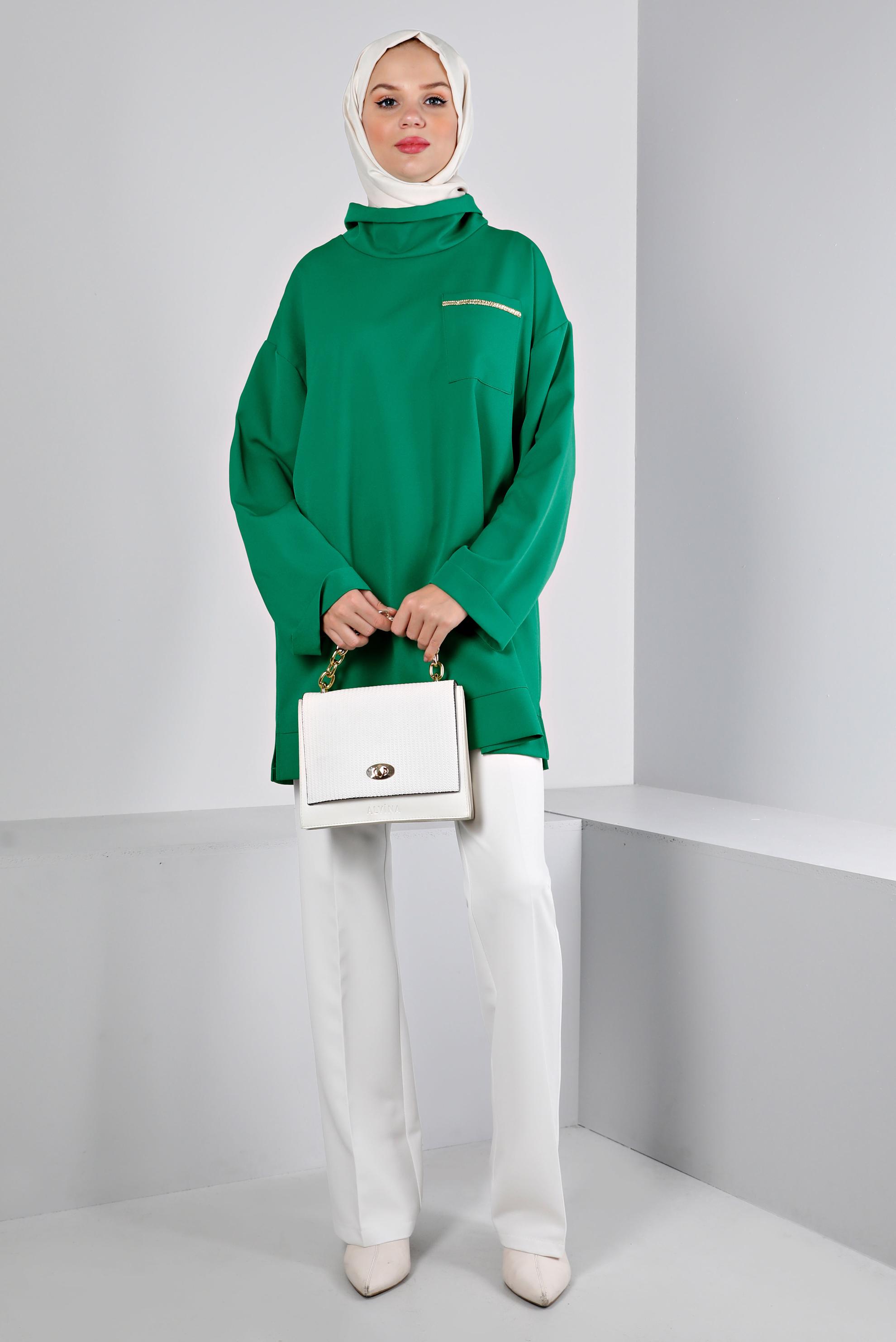 Tesettür giyim YEŞİL DEGAJE YAKA CEPLİ TUNİK 43453