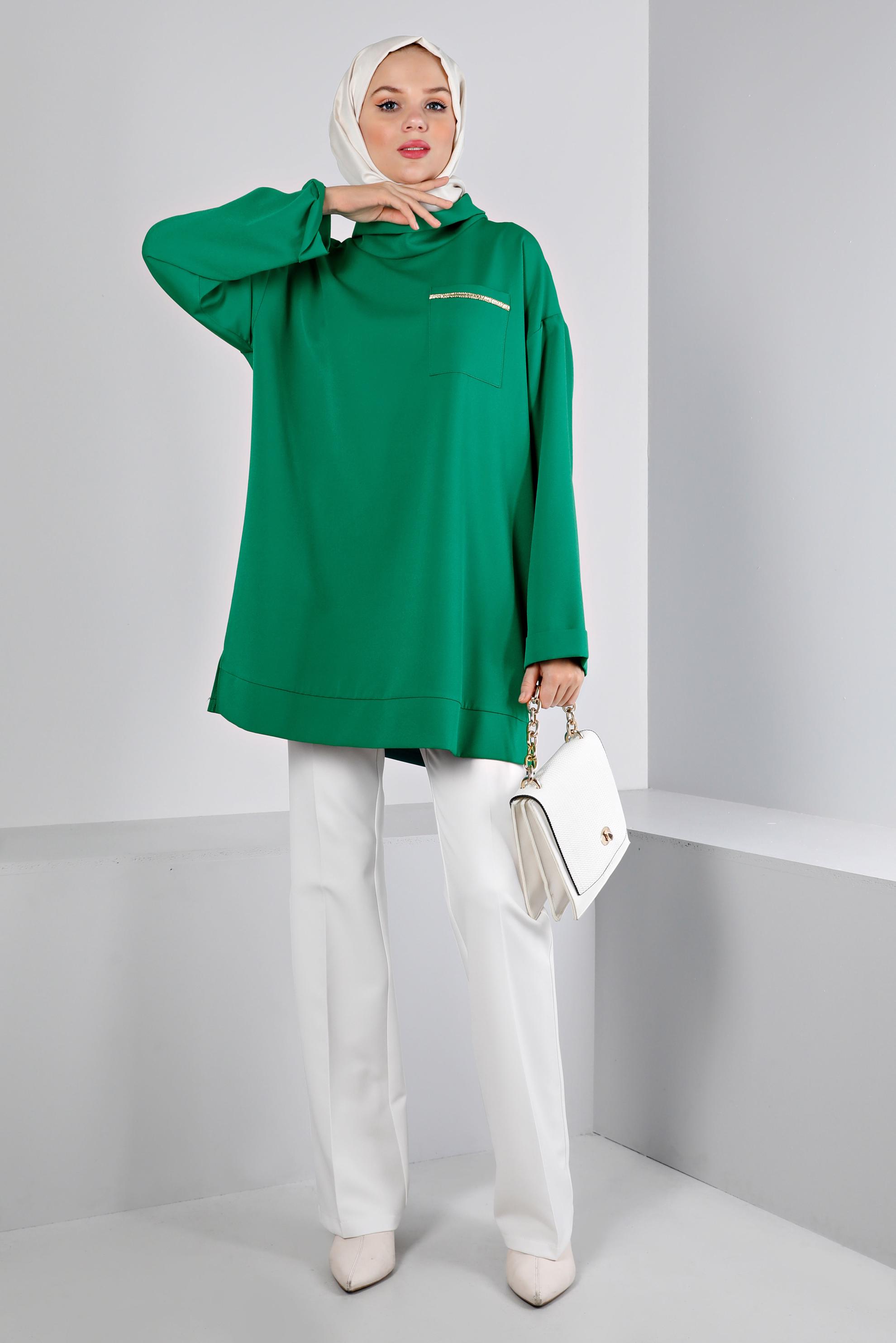 Tesettür giyim YEŞİL DEGAJE YAKA CEPLİ TUNİK 43453