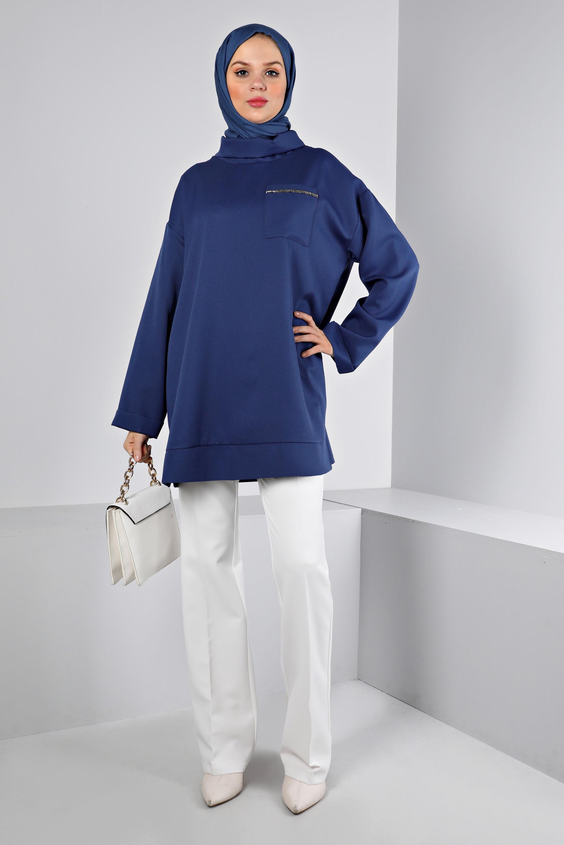 Tesettür giyim LACİVERT DEGAJE YAKA CEPLİ TUNİK 43453