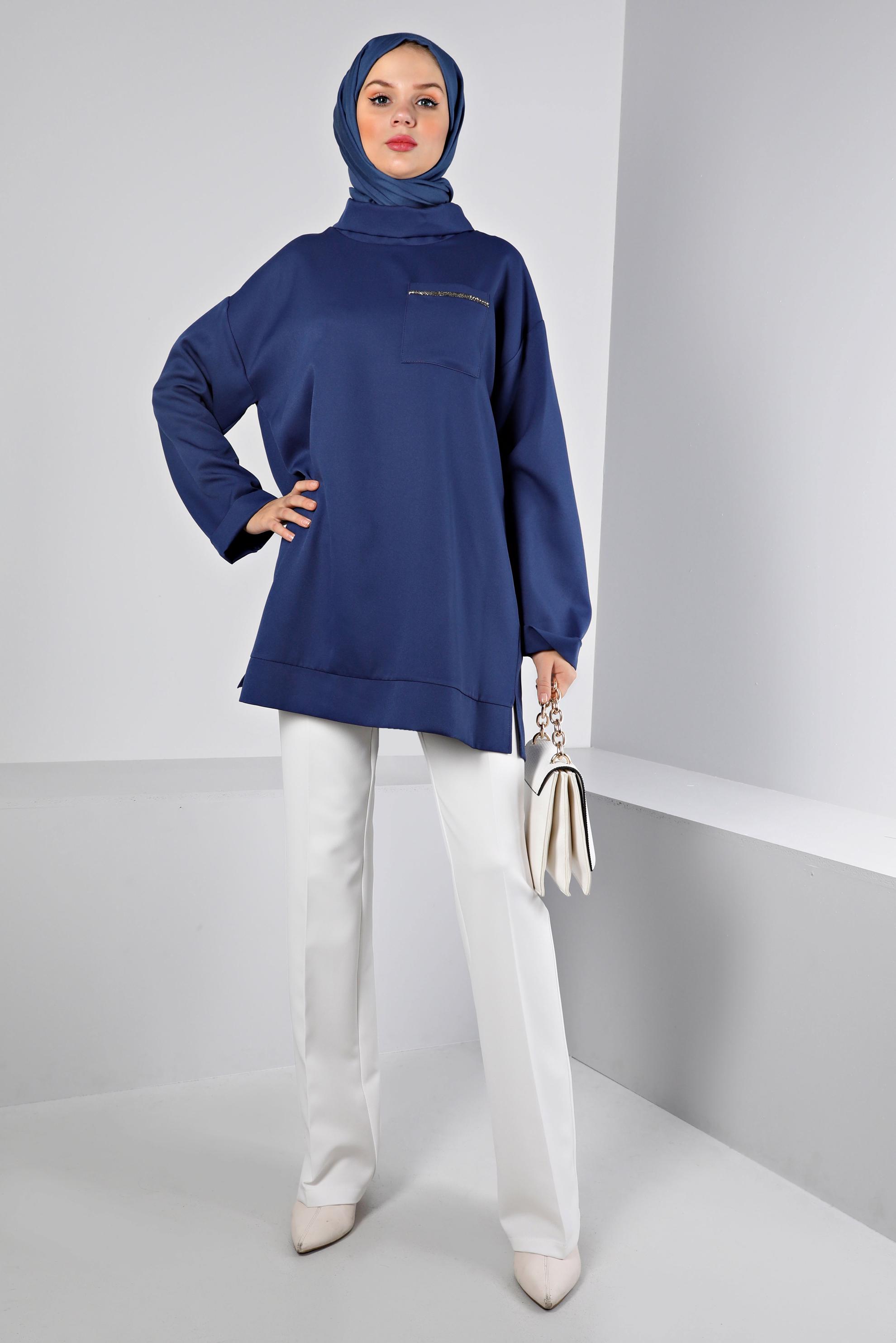 Tesettür giyim LACİVERT DEGAJE YAKA CEPLİ TUNİK 43453