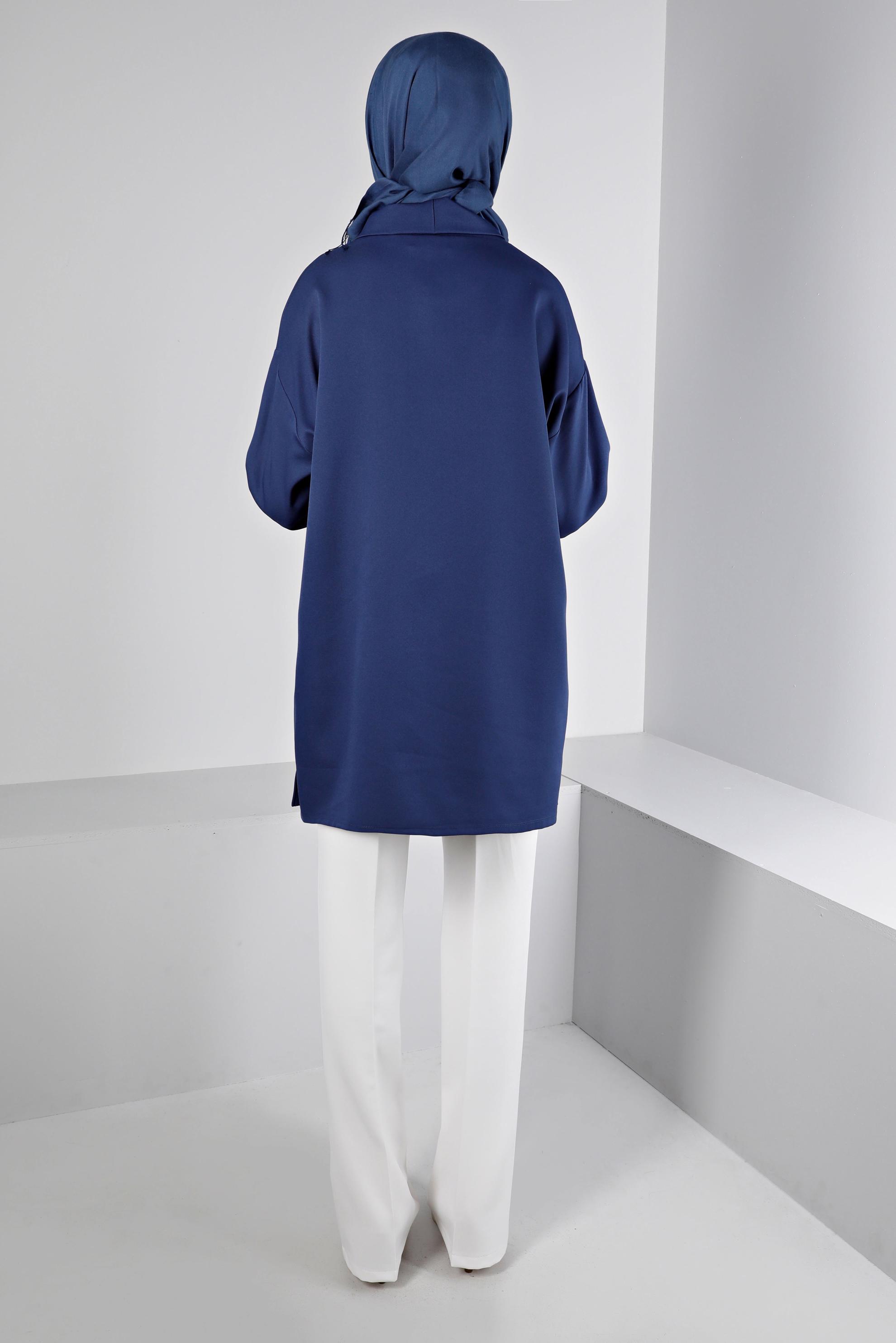 Tesettür giyim LACİVERT DEGAJE YAKA CEPLİ TUNİK 43453