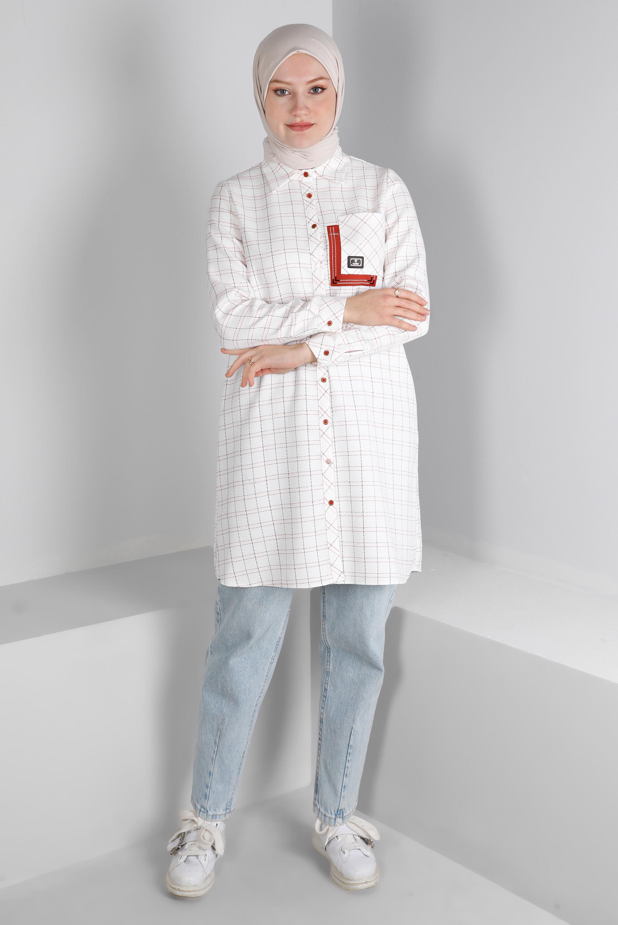 Vêtements hijab BEIGE TUNIQUE MOTIF CARREAUX AVEC DÉTAIL POCHE 43455
