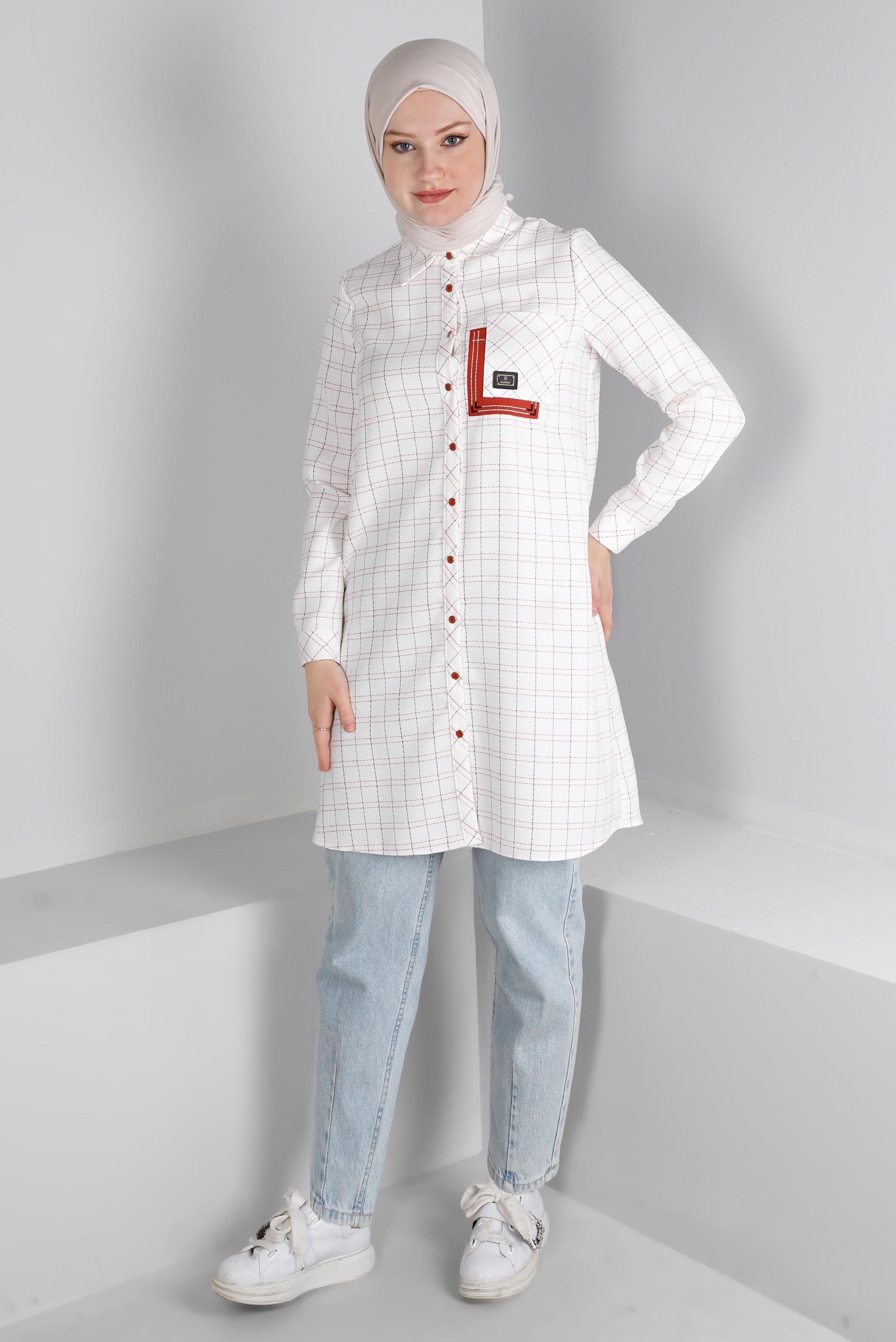 Vêtements hijab BEIGE TUNIQUE MOTIF CARREAUX AVEC DÉTAIL POCHE 43455