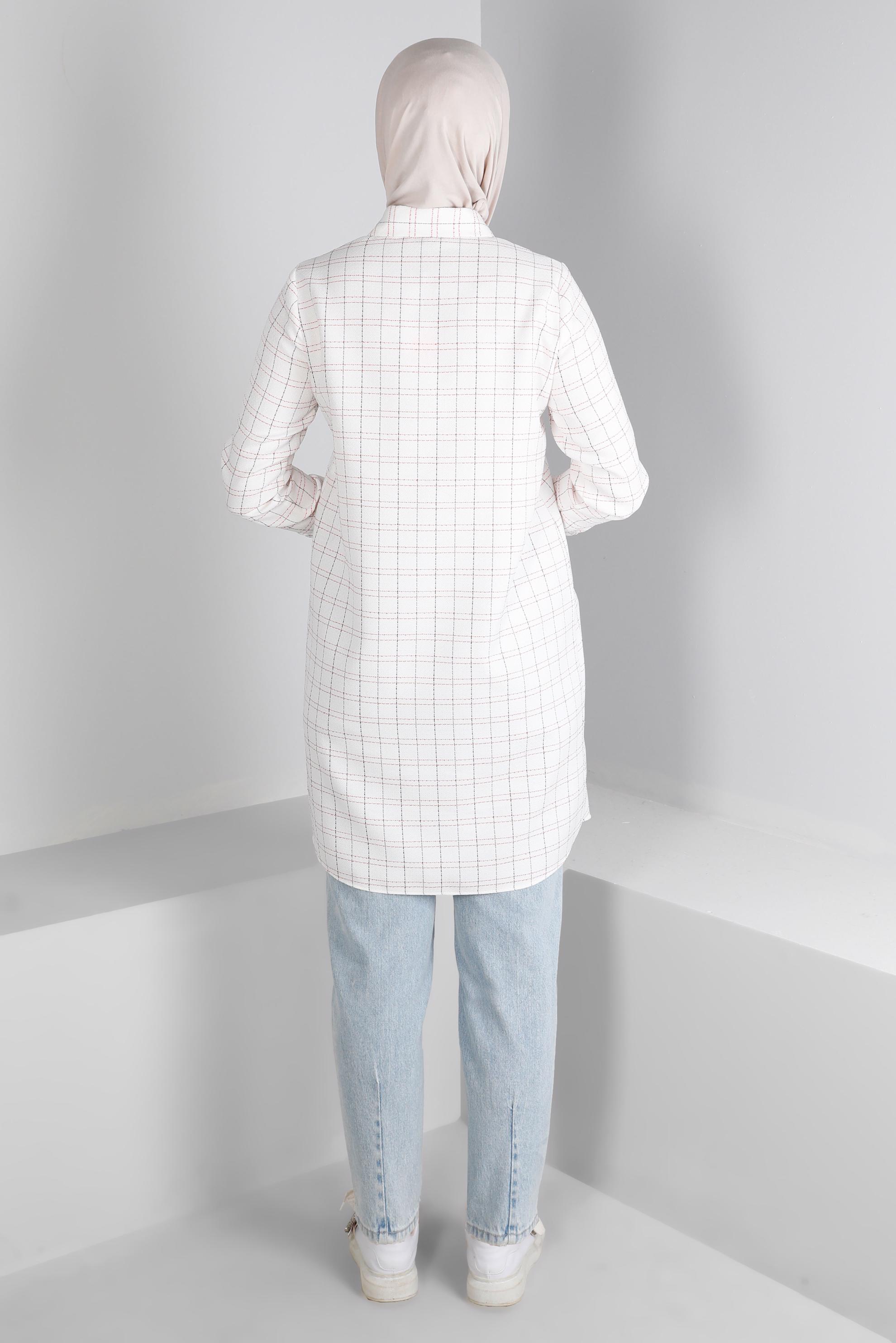 Vêtements hijab BEIGE TUNIQUE MOTIF CARREAUX AVEC DÉTAIL POCHE 43455