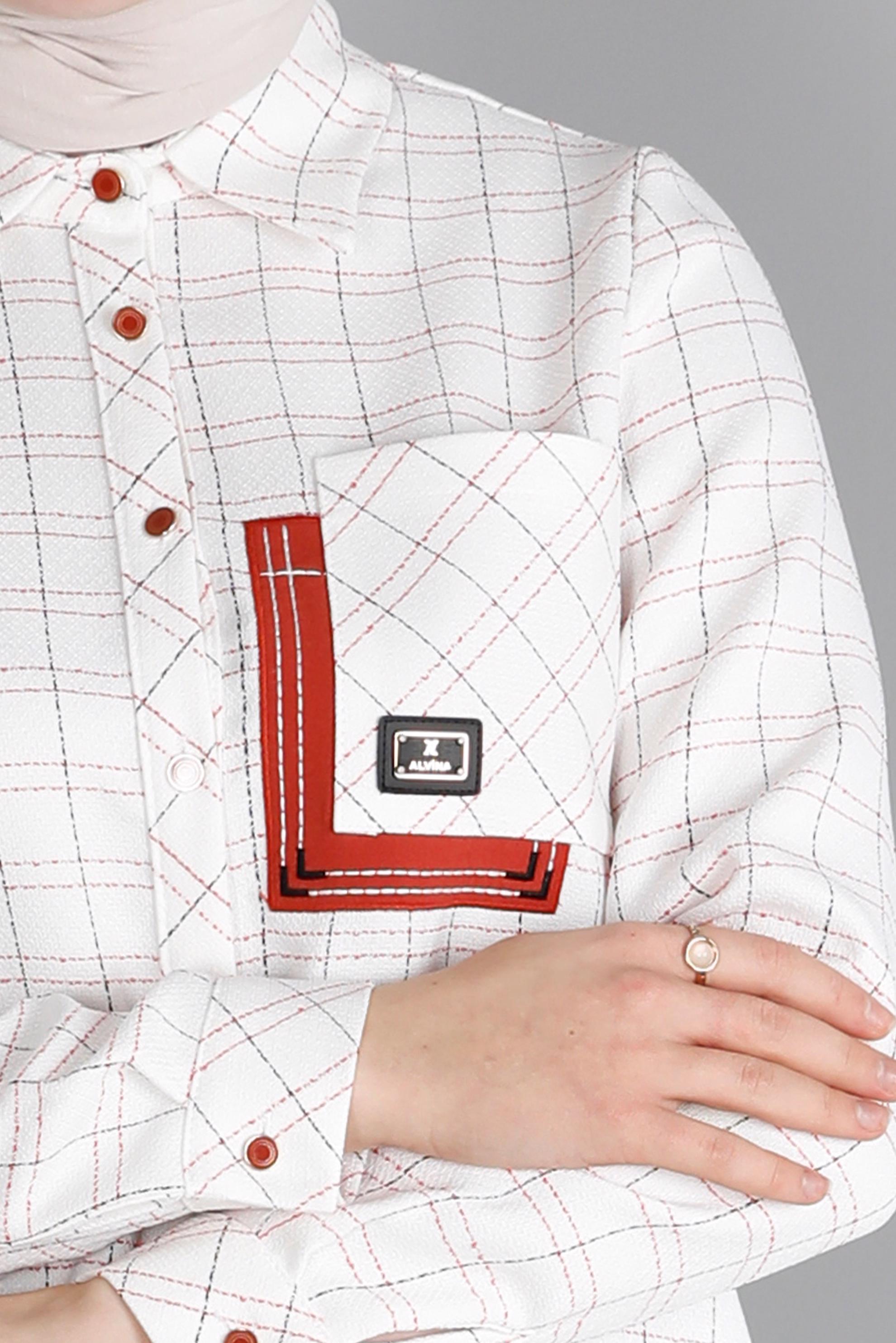 Vêtements hijab BEIGE TUNIQUE MOTIF CARREAUX AVEC DÉTAIL POCHE 43455