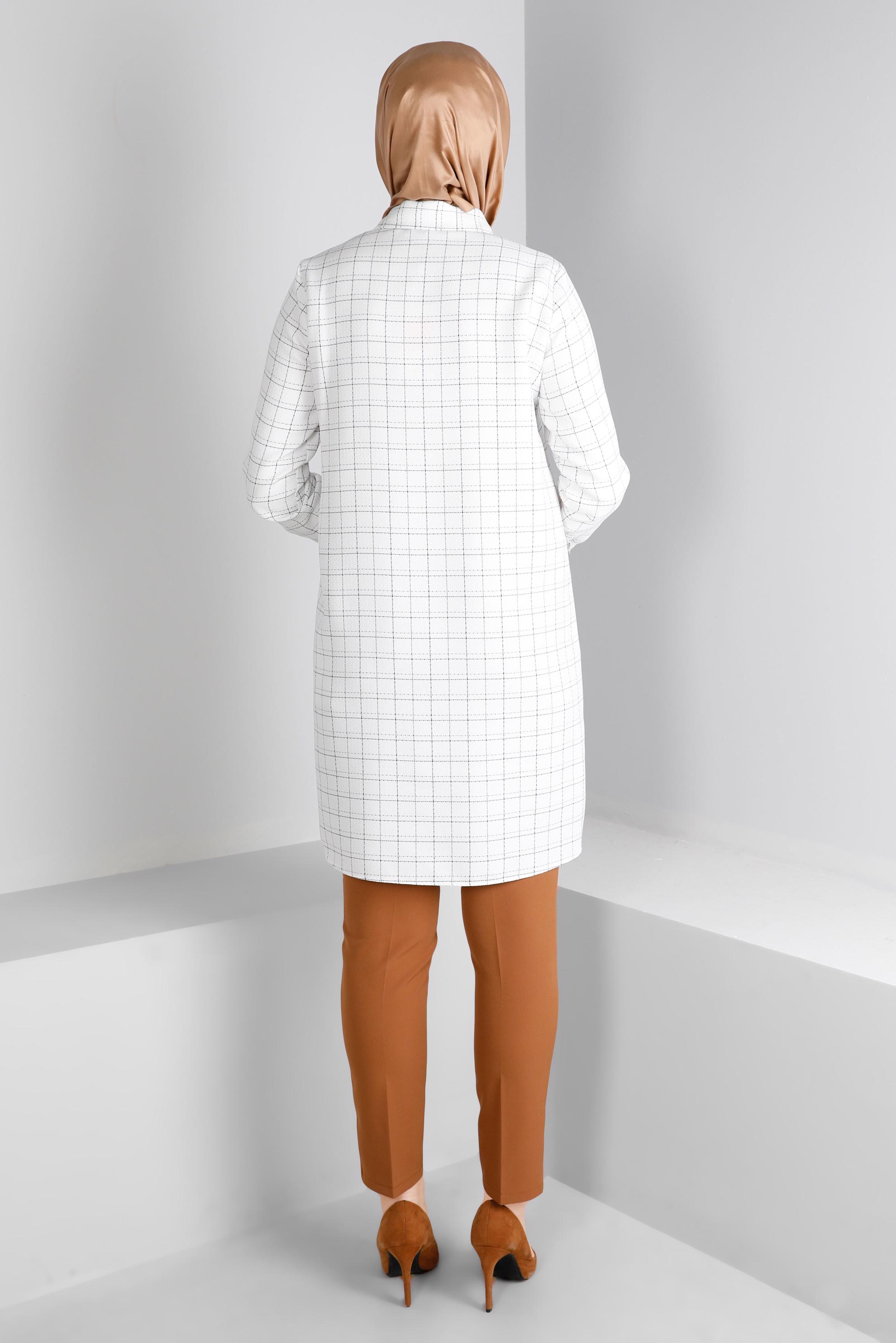 Vêtements hijab BEIGE TUNIQUE MOTIF CARREAUX AVEC DÉTAIL POCHE 43455