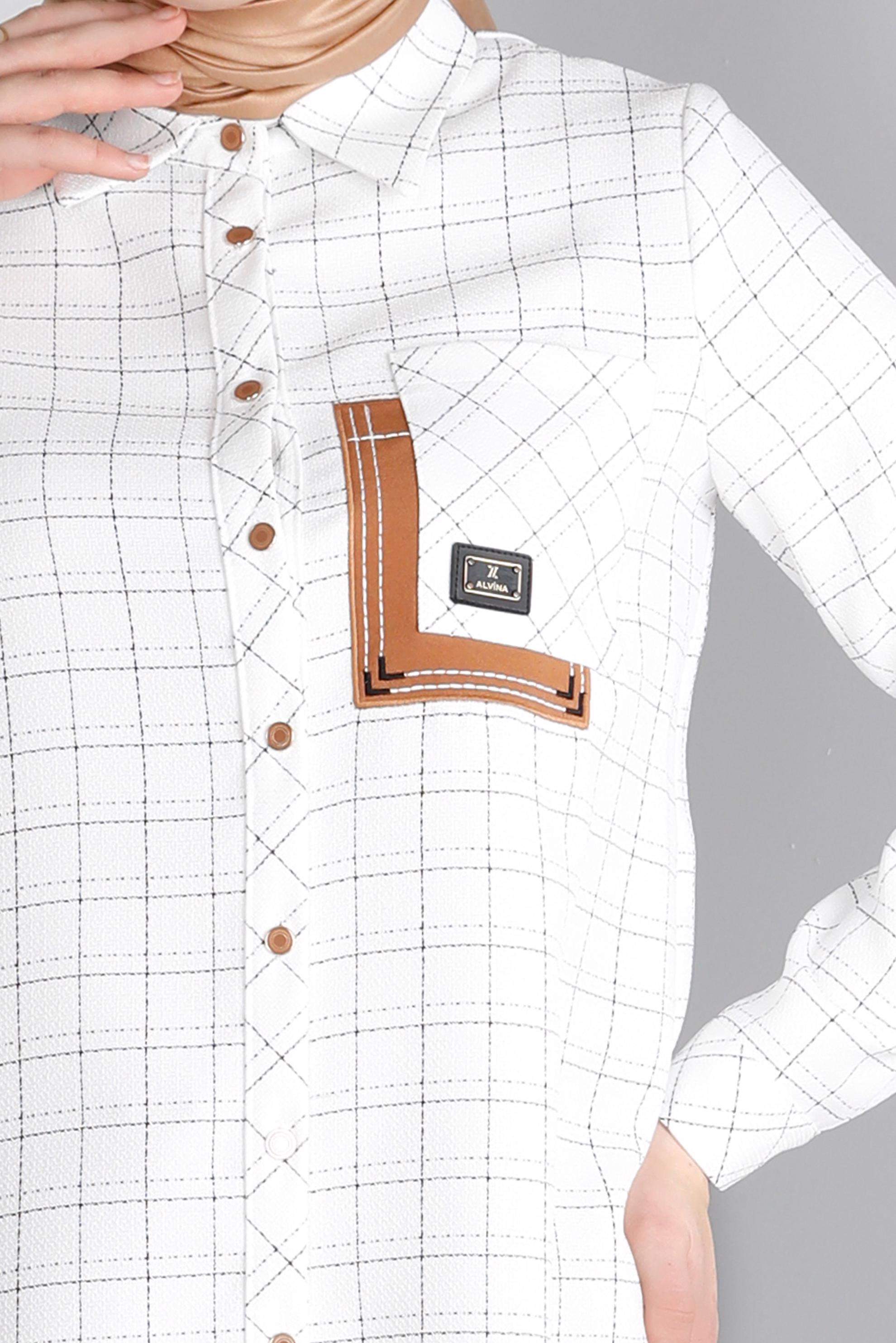 Vêtements hijab BEIGE TUNIQUE MOTIF CARREAUX AVEC DÉTAIL POCHE 43455