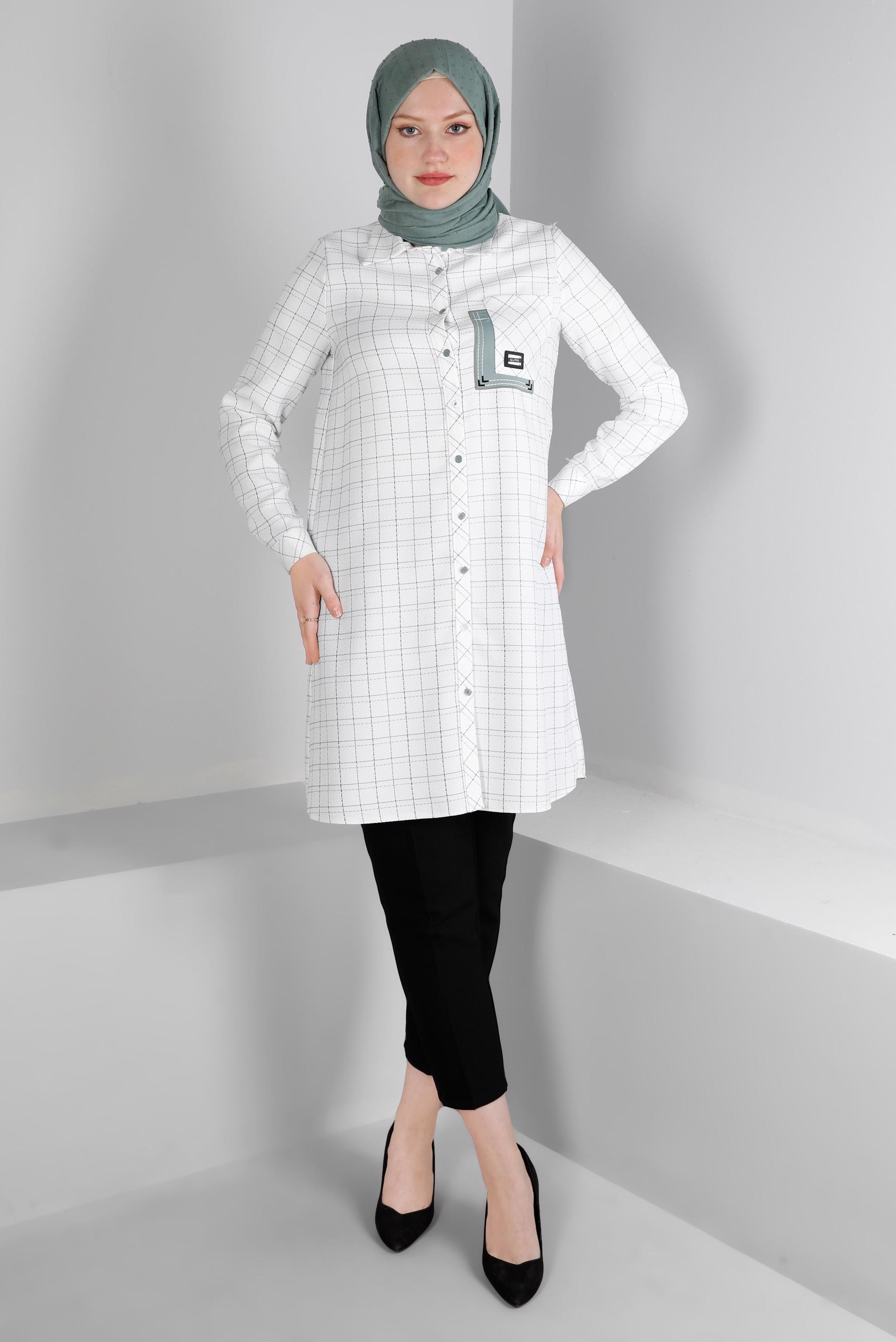 Vêtements hijab BEIGE TUNIQUE MOTIF CARREAUX AVEC DÉTAIL POCHE 43455