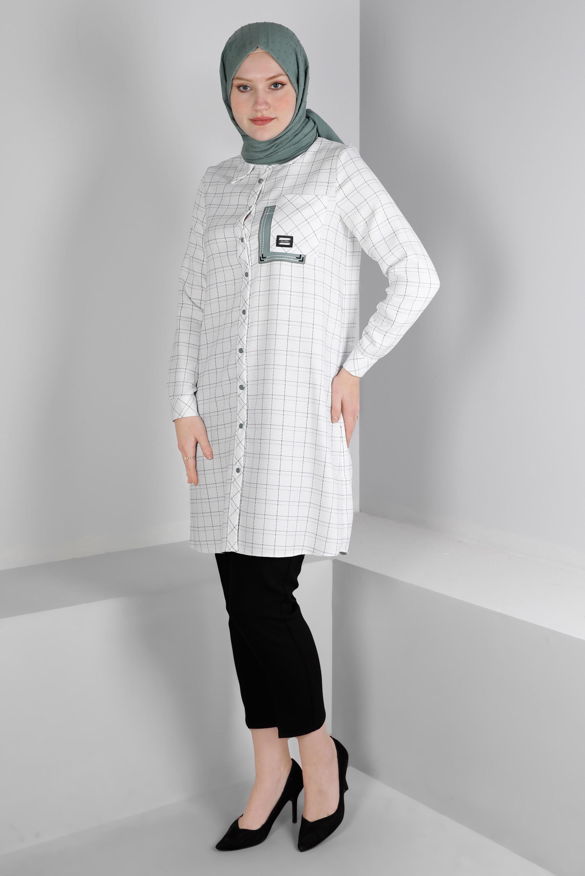 Vêtements hijab BEIGE TUNIQUE MOTIF CARREAUX AVEC DÉTAIL POCHE 43455